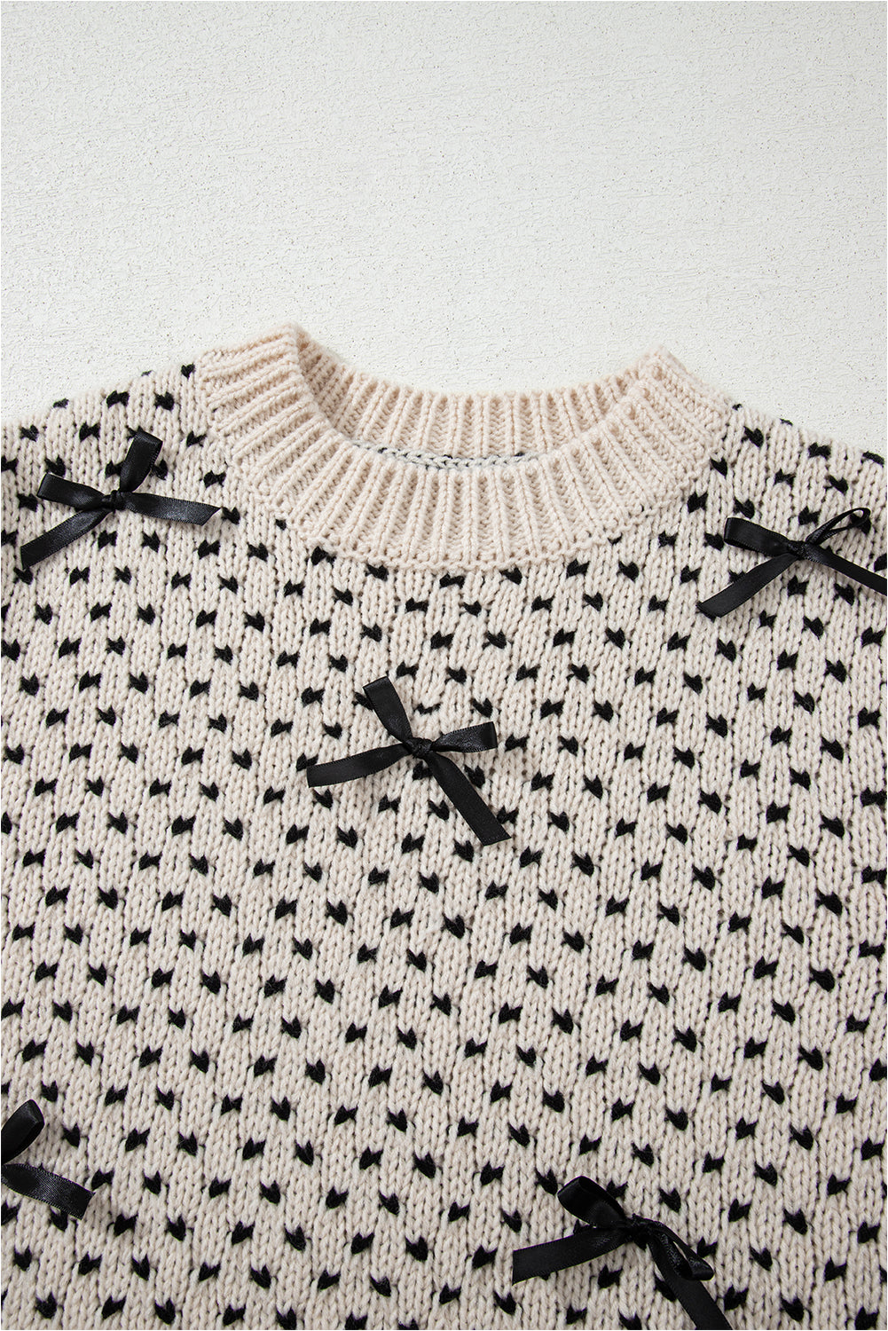 Beige Bow Decor Color Contrast Ribbed Edge Crew Neck Sweater
