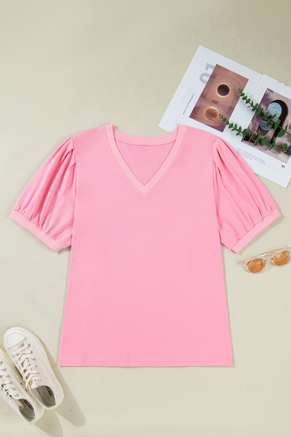 Bonbon Solid Color V Neck Short Puff Sleeve Blouse