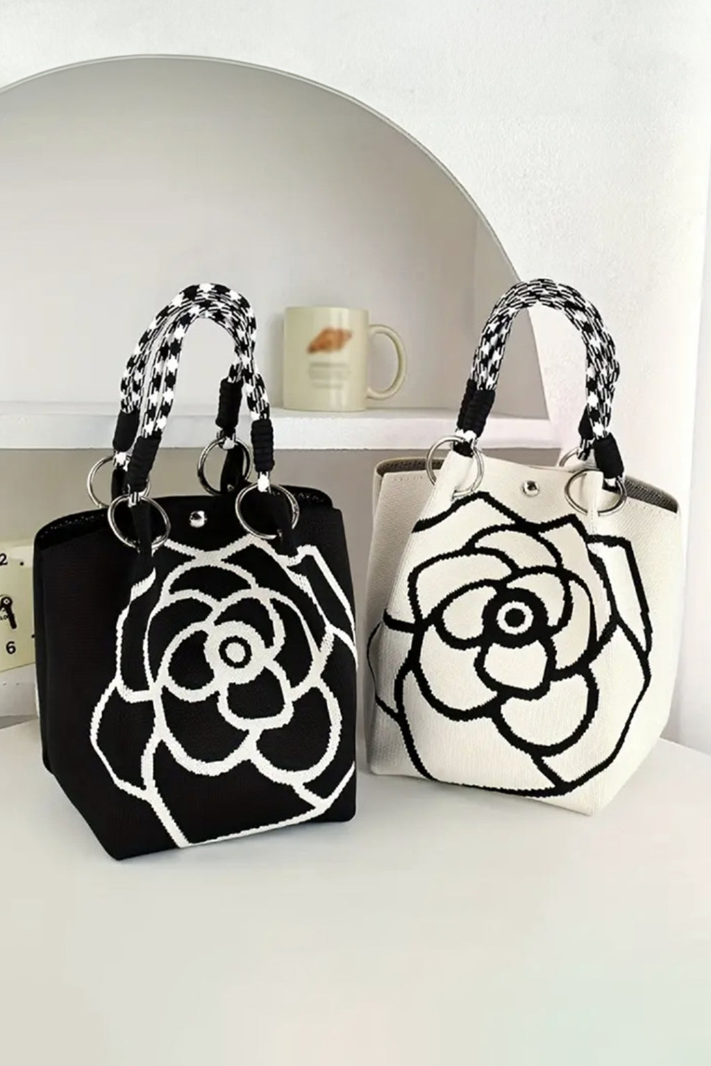 Color black Retro Rose Flower Large Knitted Tote Bag