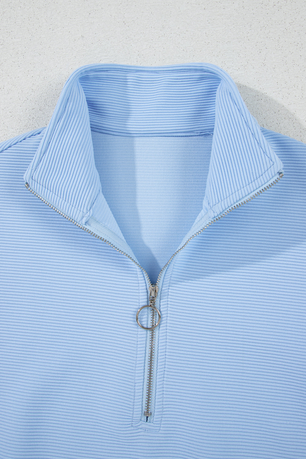 Beau Blue Ribbed Texture Half Zip Ruffled Short Sleeve Top and Shorts Set