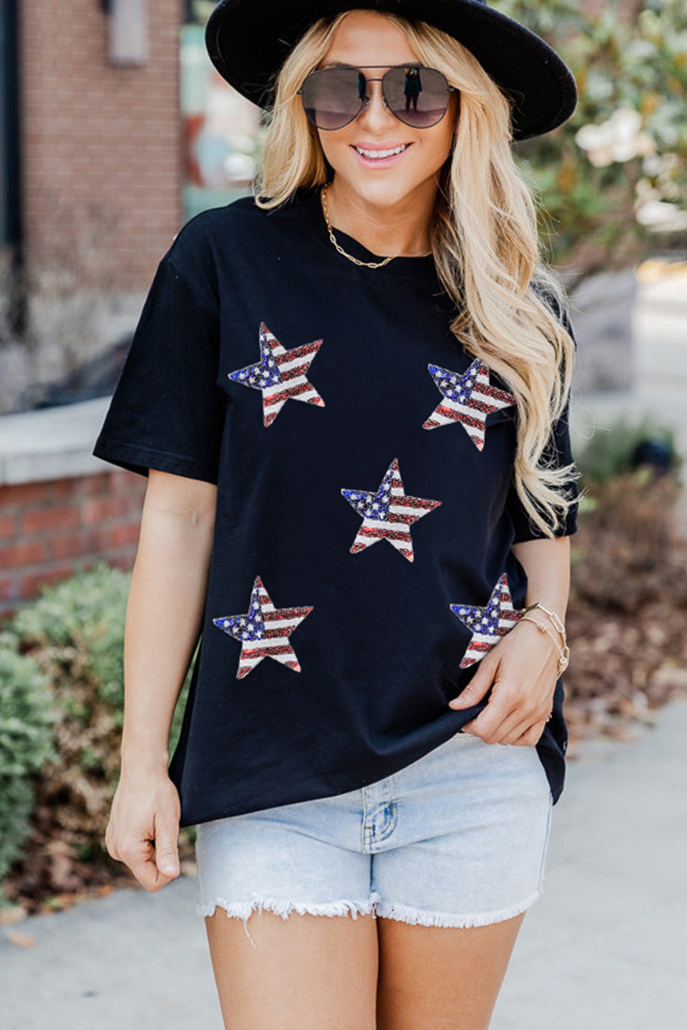 White Sequin American Flag Can Oversized Graphic Tee
