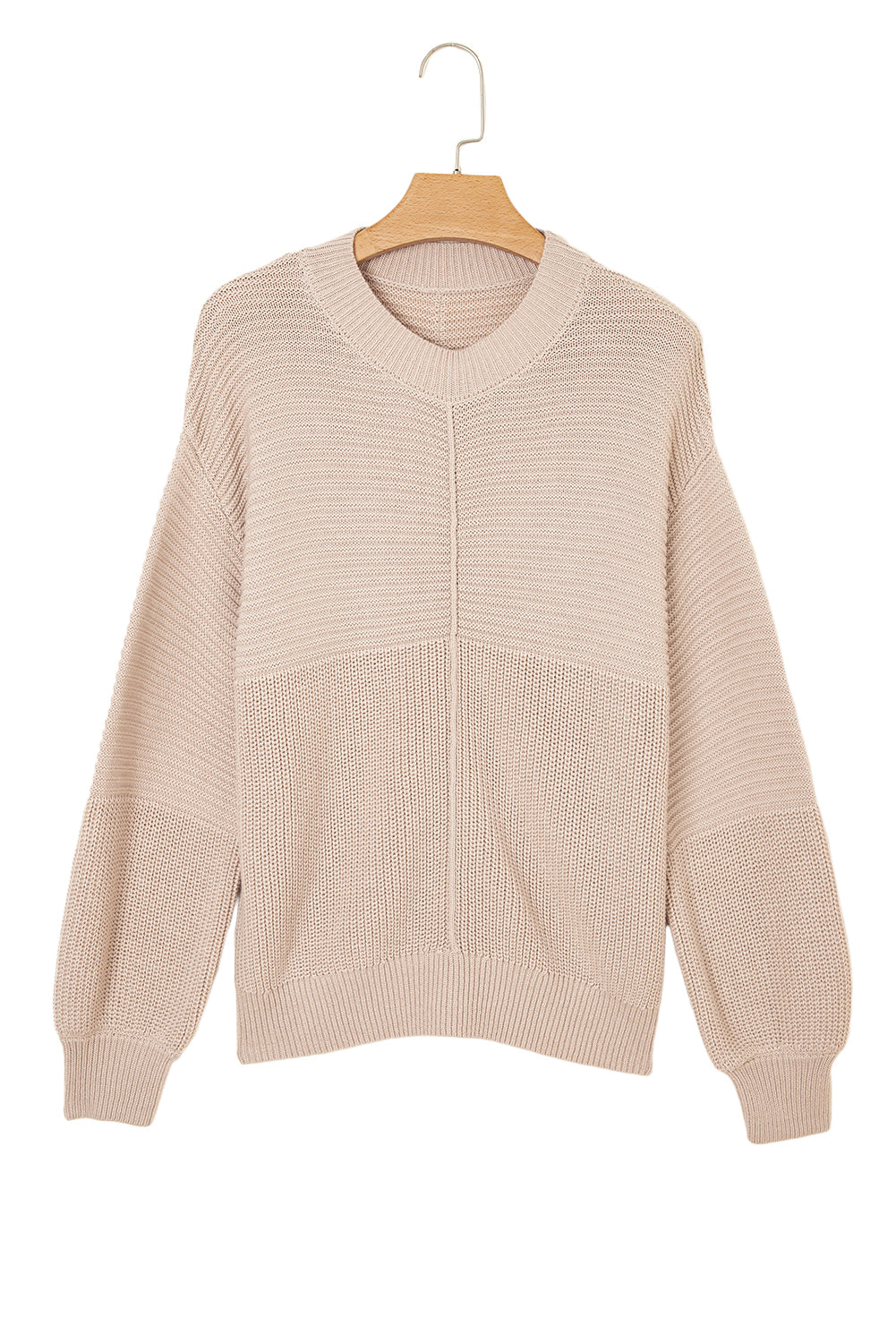 Parchment Mixed Texture Patchwork Knitted Puff Sleeve Sweater