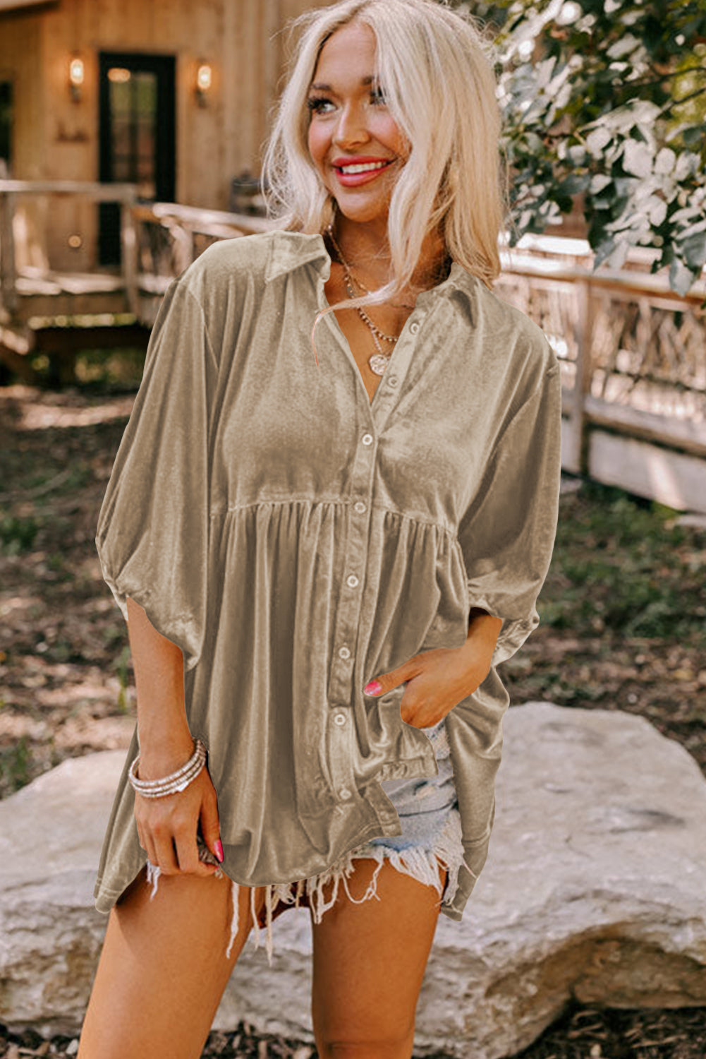 Burgundy 3/4 Sleeve Tunic Babydoll Velvet Shirt