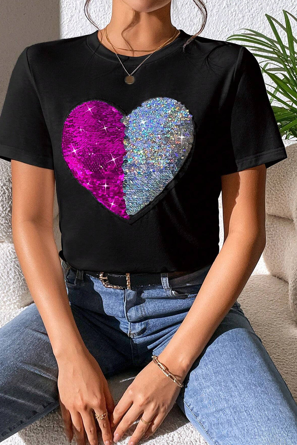 Red Leopard Striped Heart Shaped Print Crew Neck T Shirt