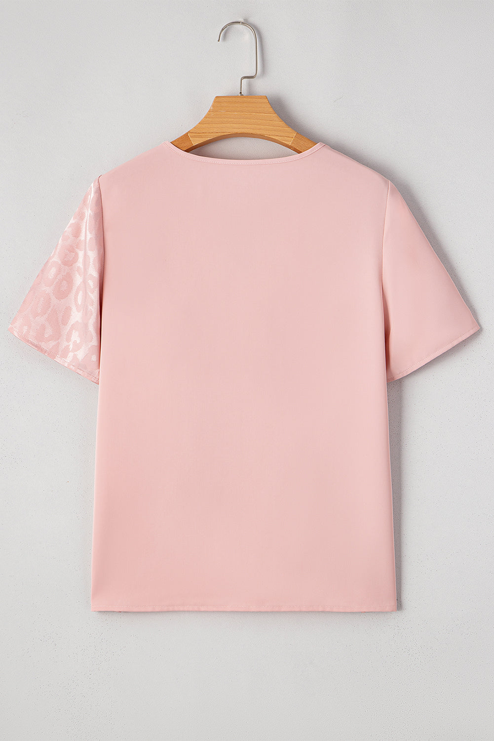 Apricot Pink Leopard Jacquard Patchwork Crisscross V Neck Short Sleeve Blouse