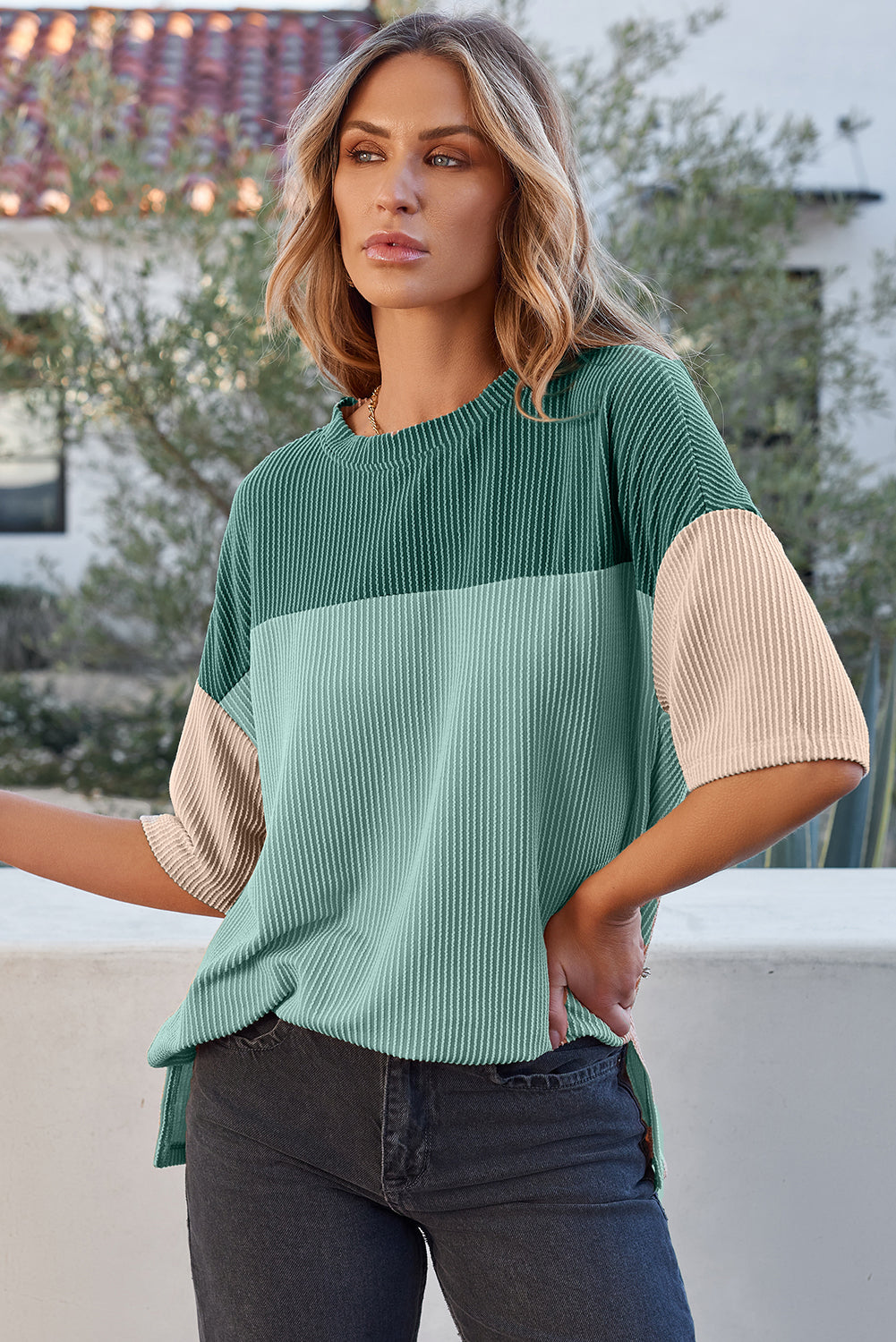 Pink Color Block Ribbed Side Slits Half Sleeve Top
