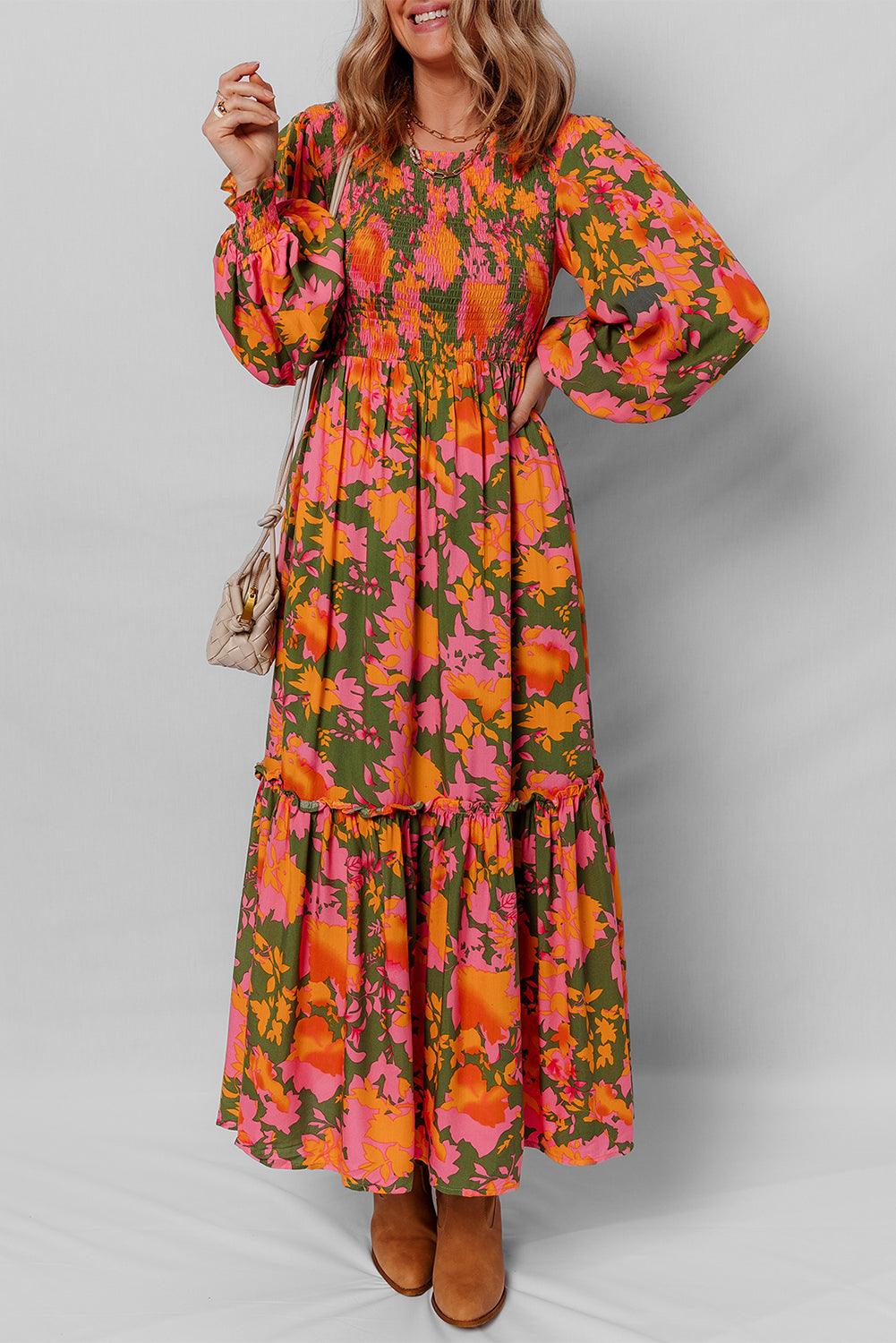 Multicolour Floral Print Long Sleeve Smocked Ruffled Mini Dress