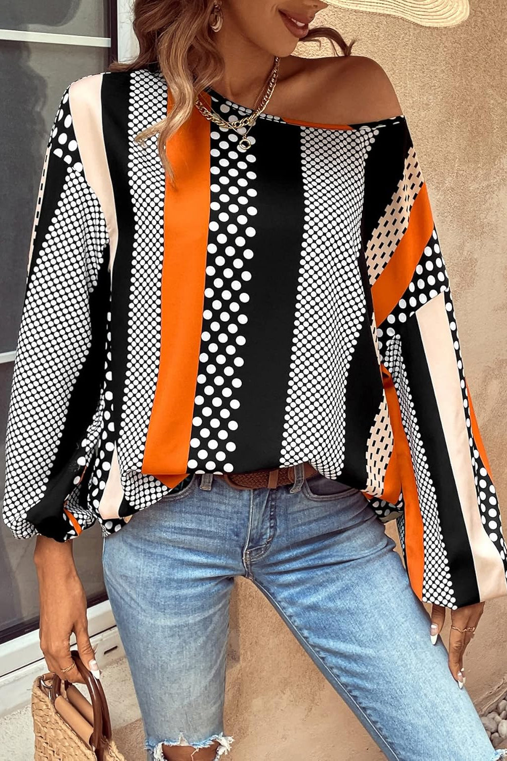 Black Striped Polka Dot Print Ruffled Hem V Neck Mini Dress