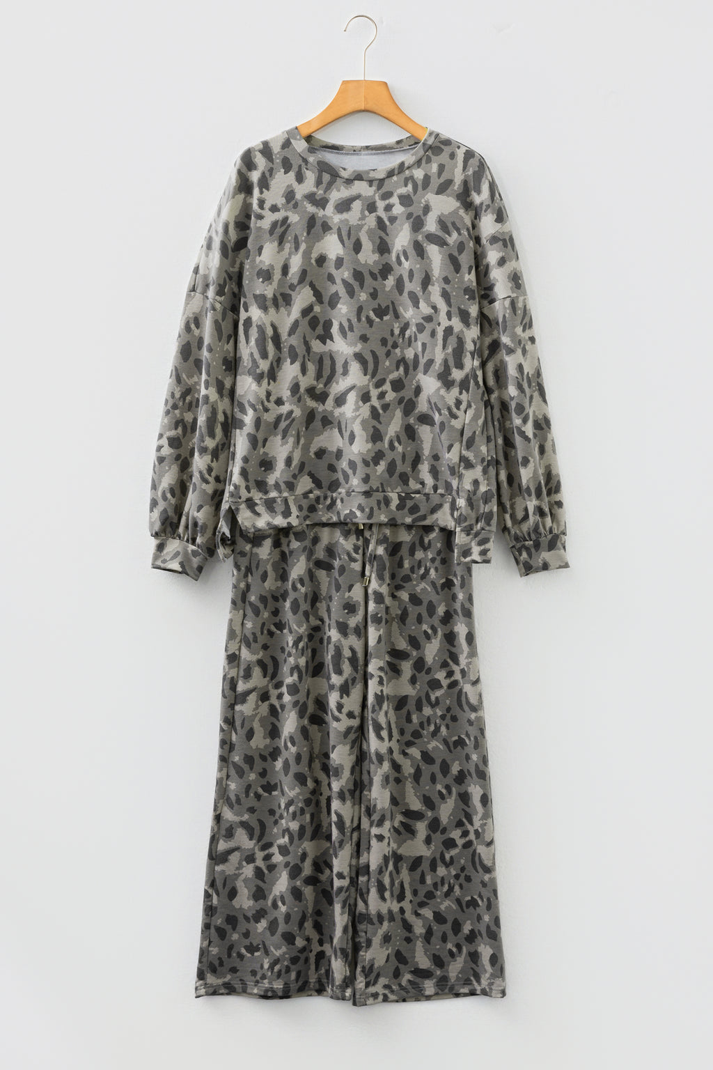 Brown Leopard Loose Tee Drawstring Waist Barrel Pants Set