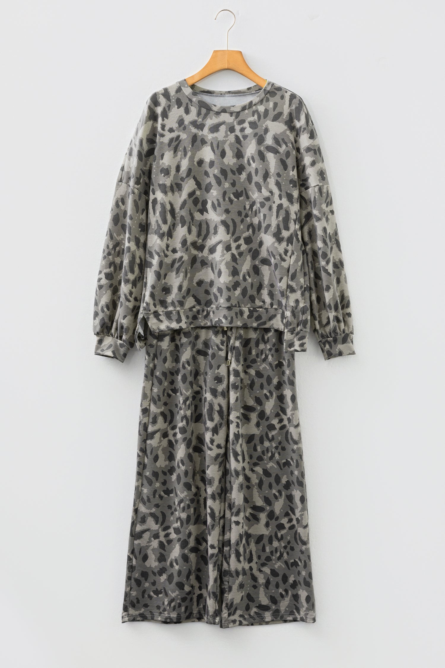 Brown Leopard Loose Tee Drawstring Waist Barrel Pants Set