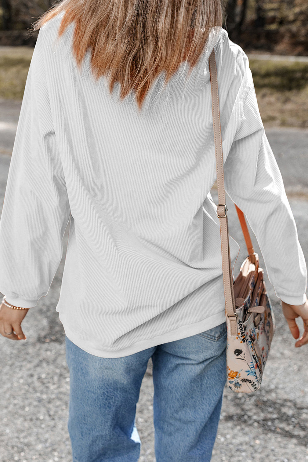 White Christmas Leafy Boot Printed Corded Rib Drop Shoulder Sweatshirt
