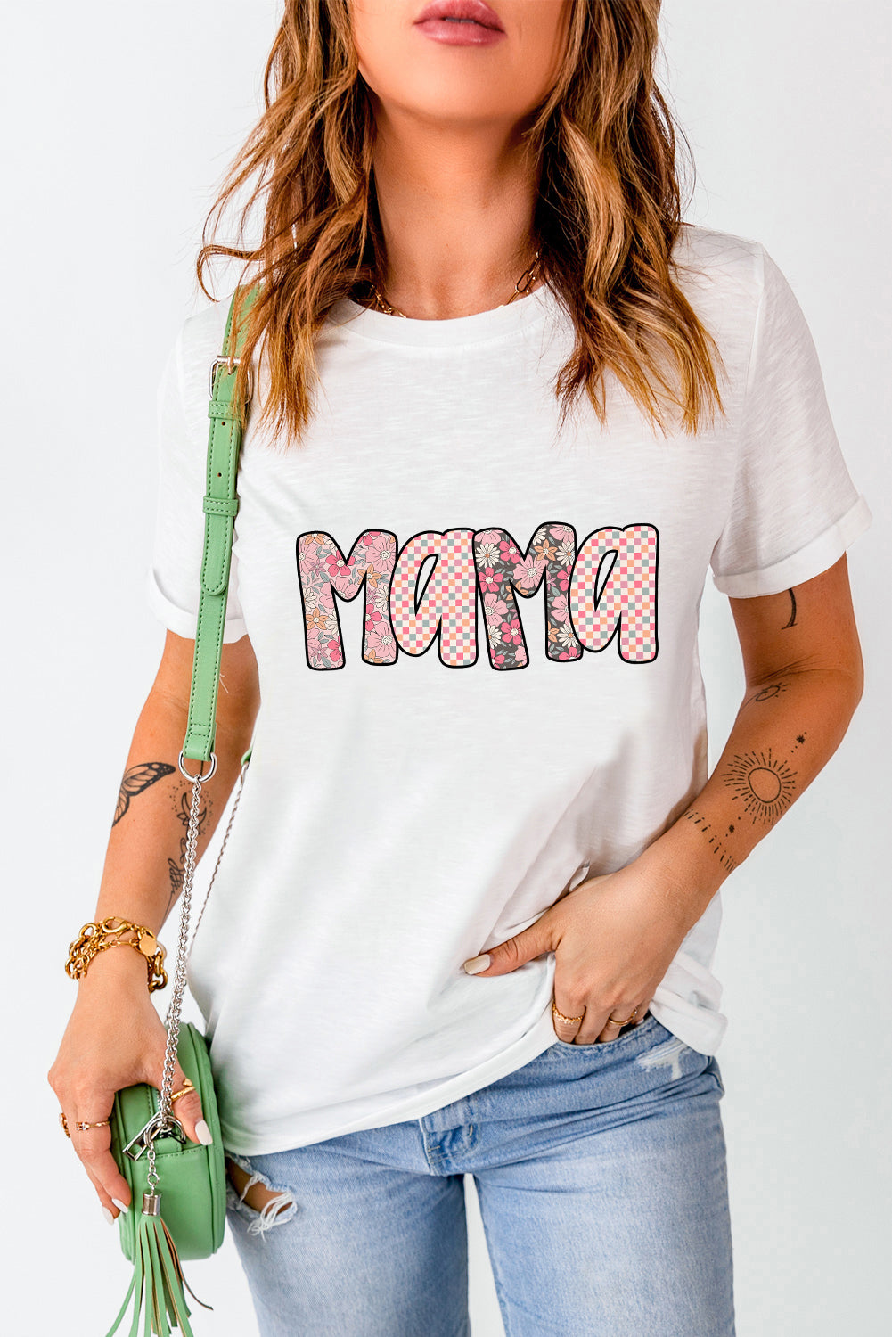 White Checkered Floral MaMa Graphic Crewneck T Shirt