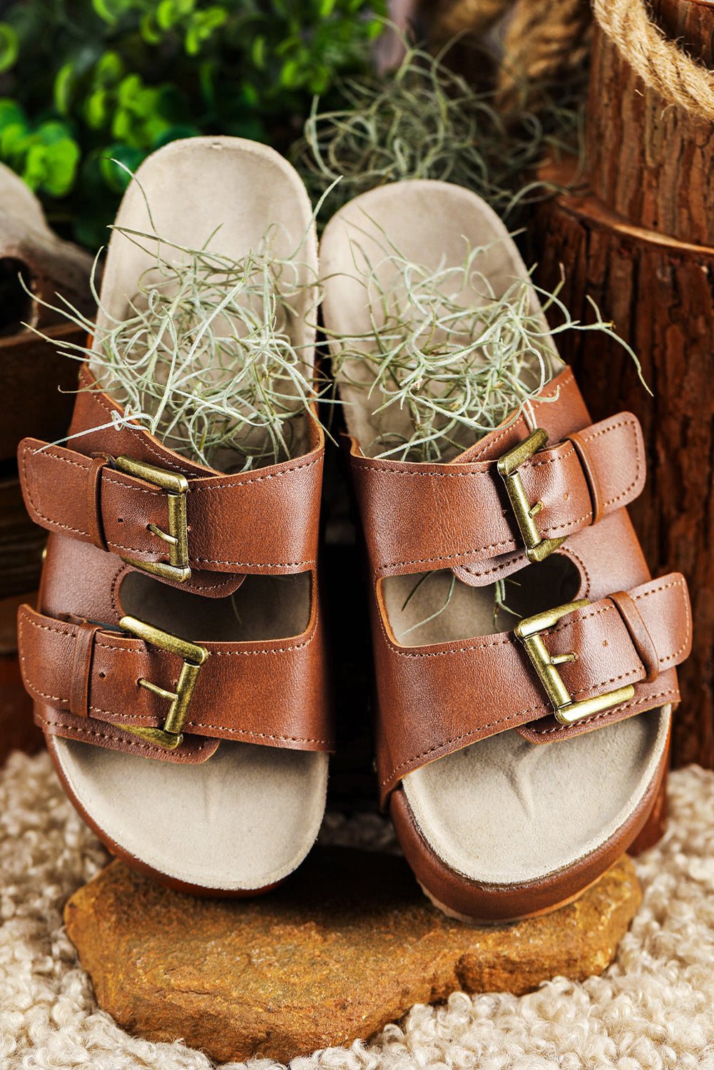 Chestnut Suede Buckle Decor Footbed Sandal Slippers