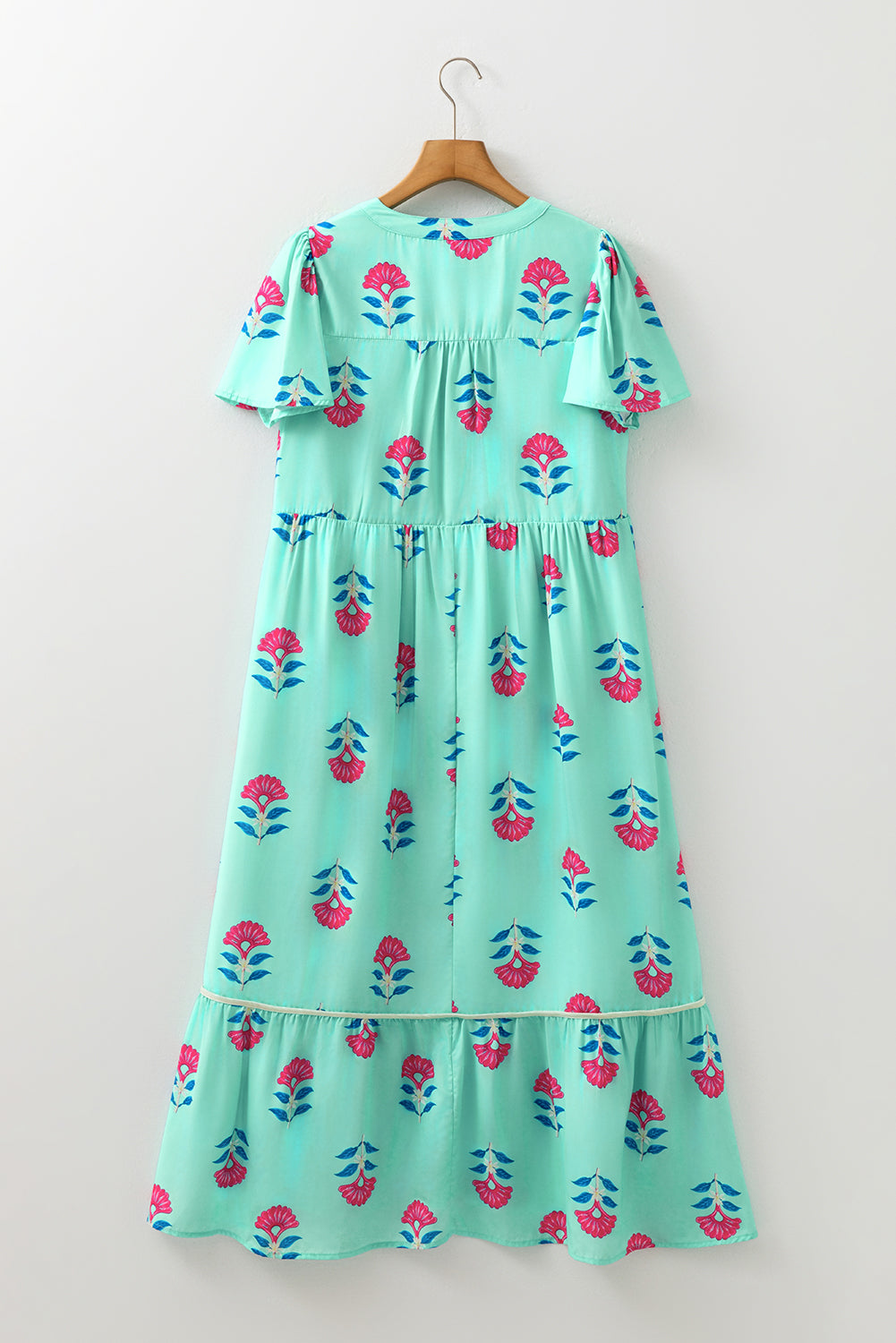 Blue Floral Print Notched Neck Butterfly Sleeve Shift Long Dress