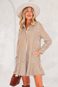 Brown Stripe Ruffled Hem Collared Long Sleeve Shirt Mini Dress