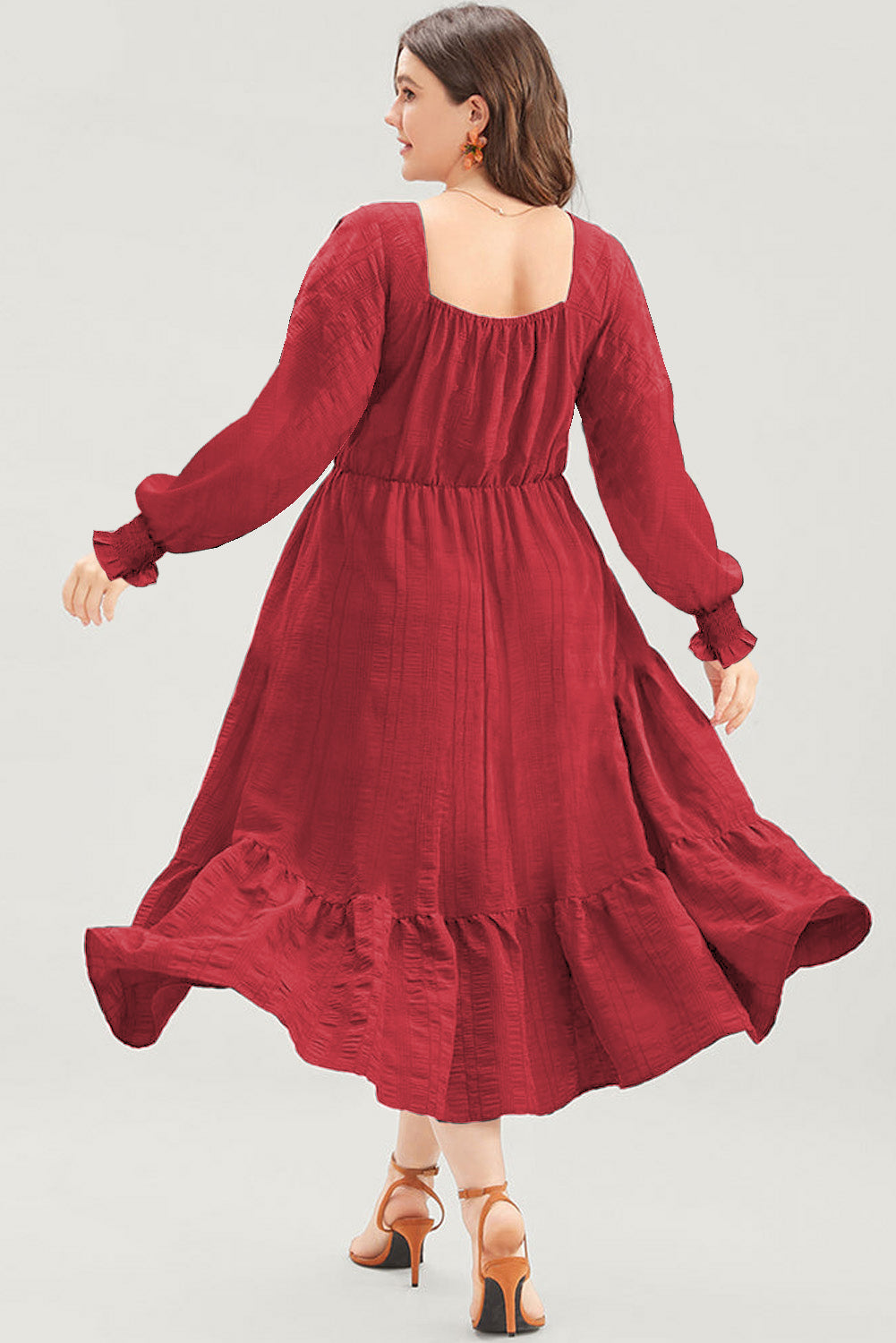 Black Lace-up Ruched Front Long Sleeve Ruffle Hem Plus Size Midi Dress