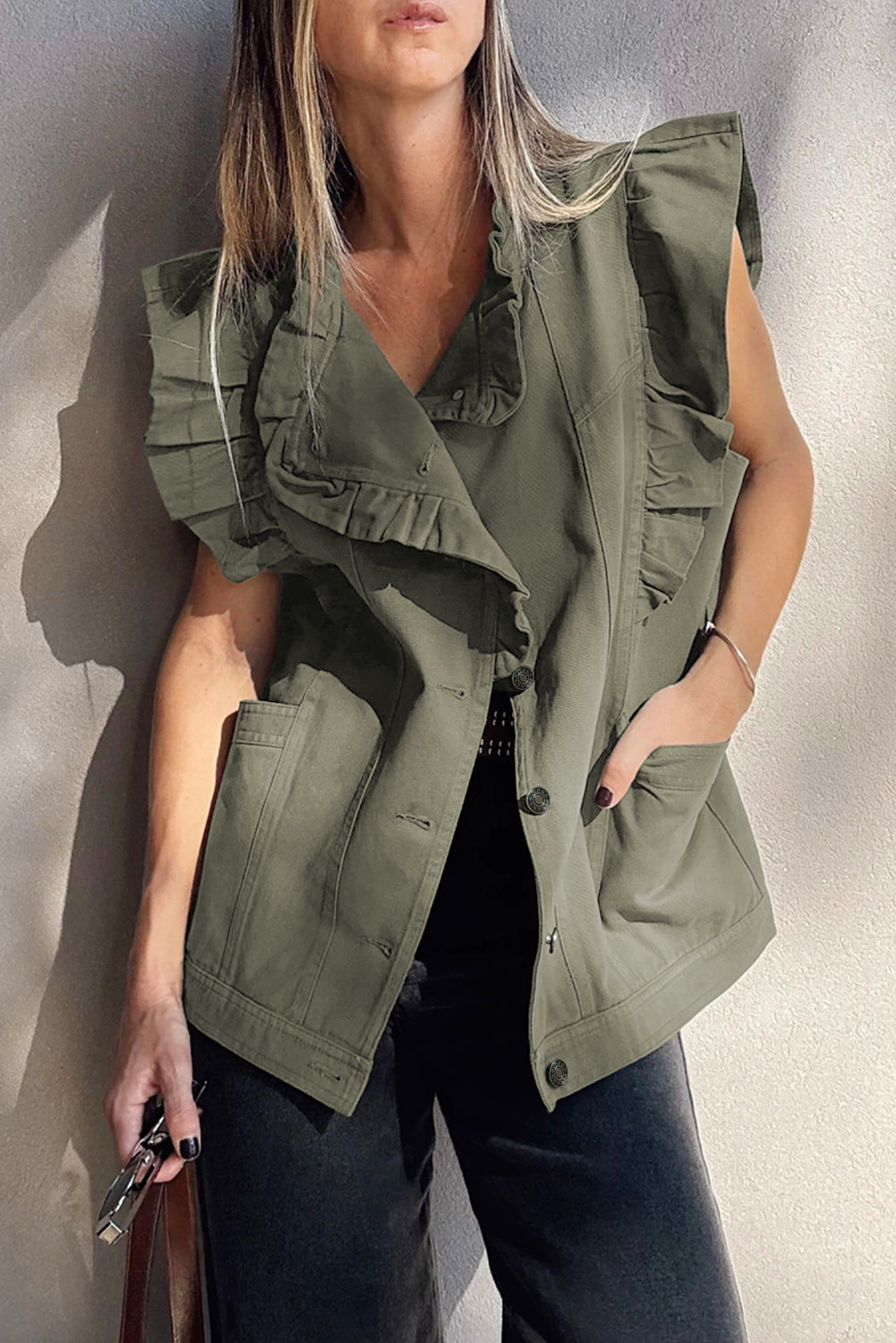 Pale Khaki Ruffled Patchwork Denim Jacket Vest