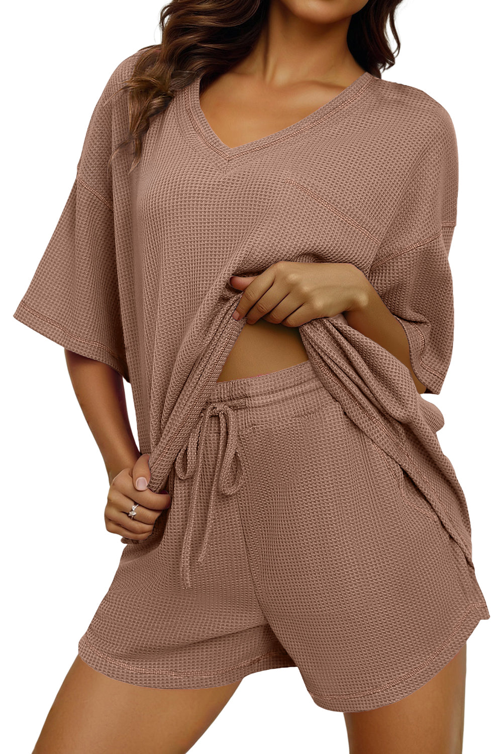 Rose Red Solid Color Waffled V Neck Loose Tee Drawstring Shorts Set