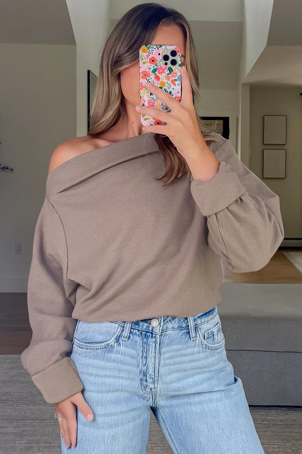 Beige Solid Color Waffle Knit Asymmetric Neck Long Sleeve Top