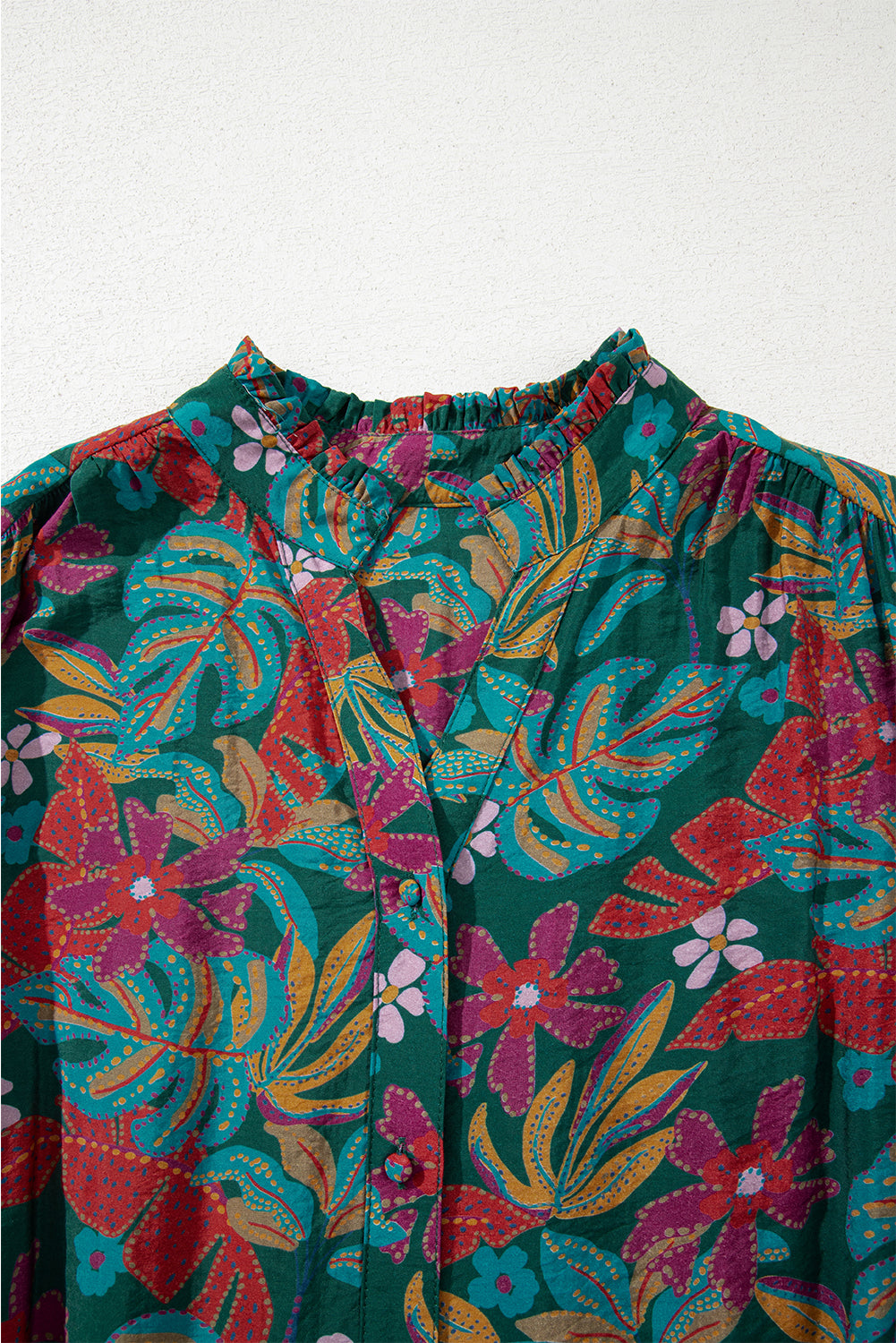 Green Floral Friled V Neck Puff Sleeve Ruffled Shirt Dress