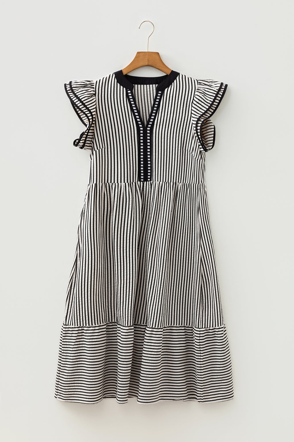 Brown Stripe Double Ruffled Short Sleeve Contrast Trim V Neck Midi Dress