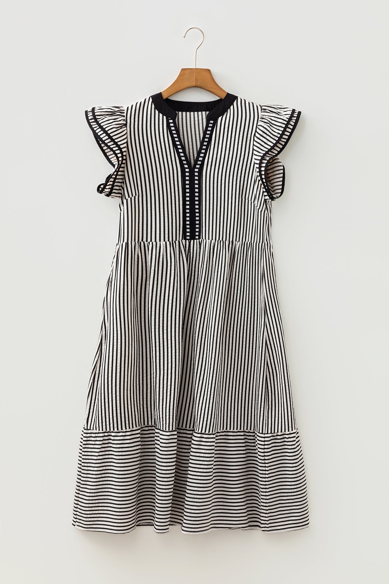 Brown Stripe Double Ruffled Short Sleeve Contrast Trim V Neck Midi Dress