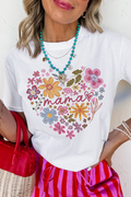 White MAMA Flower Heart Cotton Blend Graphic Tee