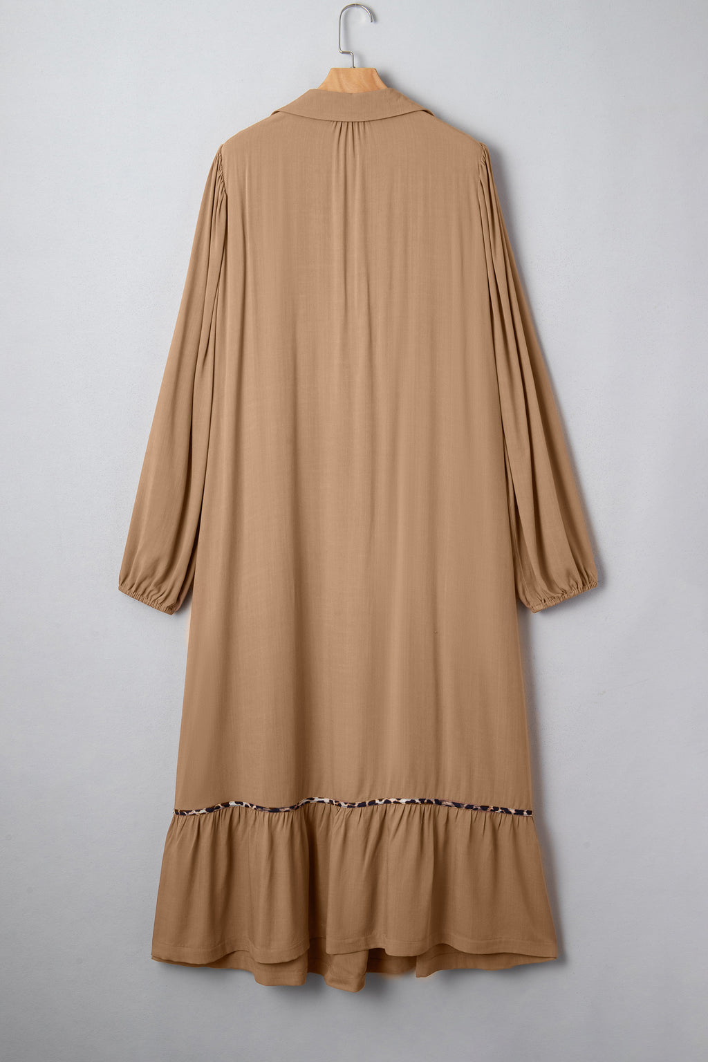 Four Leaf Clover Collared V Neck Smocked Detail Contrast Leopard Trim Bracelet Sleeve Long Dress