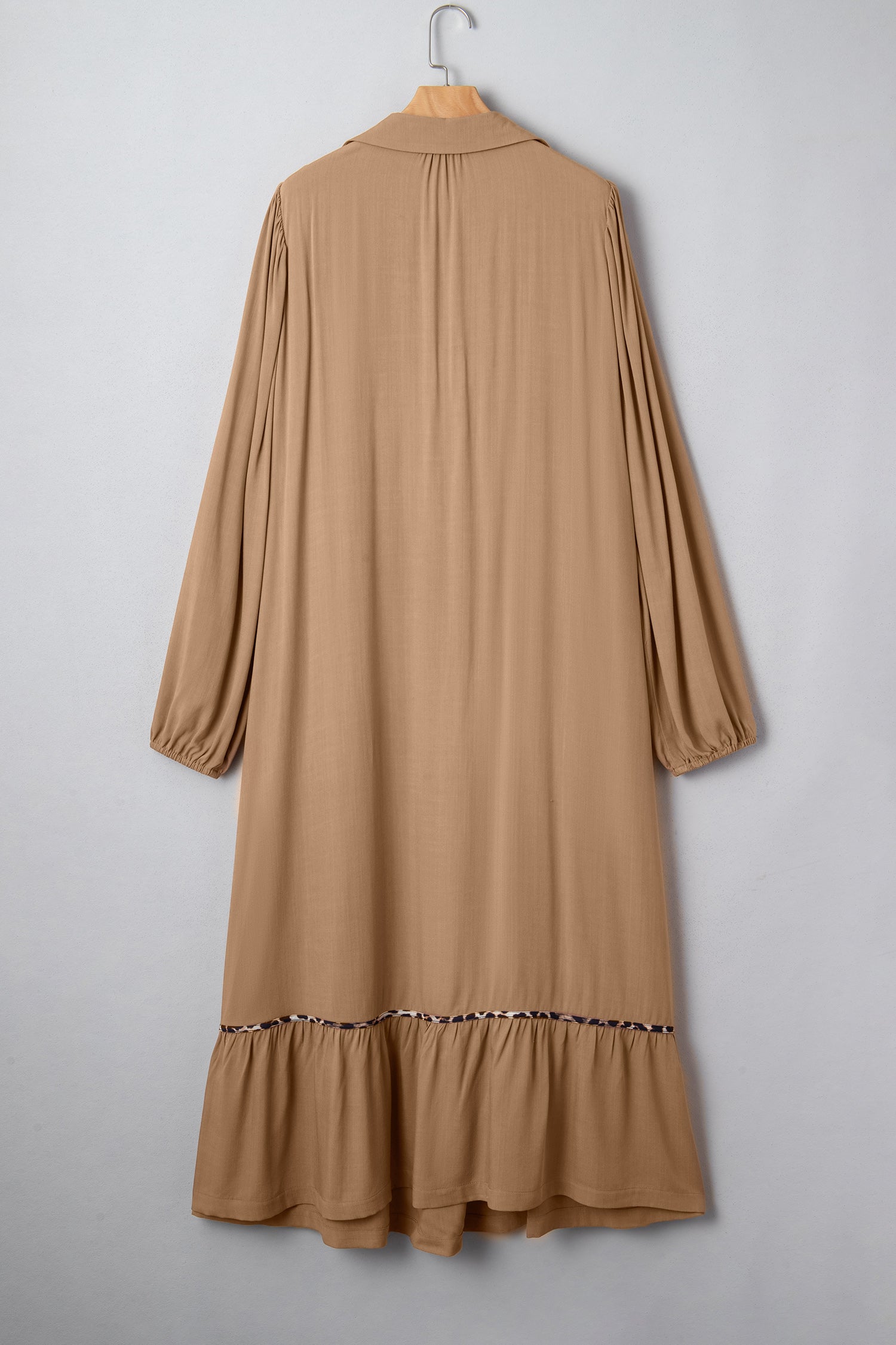 Four Leaf Clover Collared V Neck Smocked Detail Contrast Leopard Trim Bracelet Sleeve Long Dress