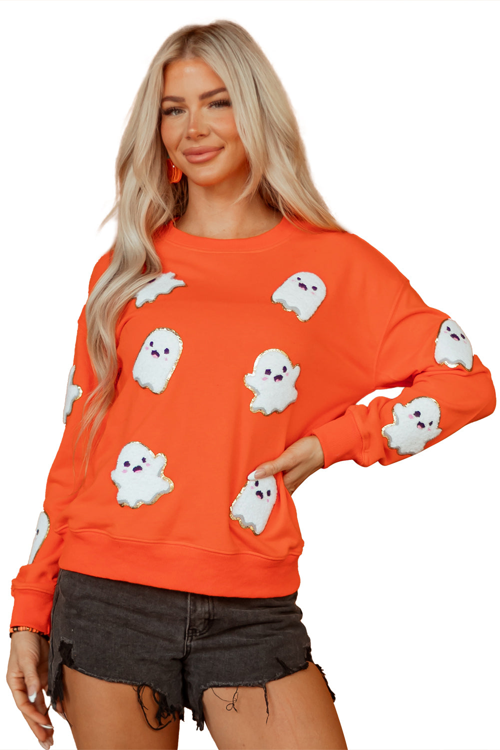 Orange Halloween Ghost Cute Patched Pattern Holiday Sweatshirt