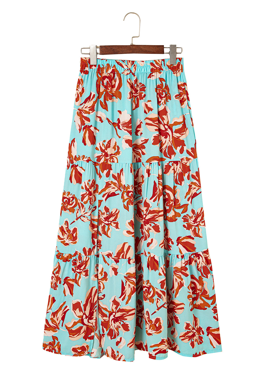 Orange Bohemian Floral Print Tiered Maxi Skirt with Split