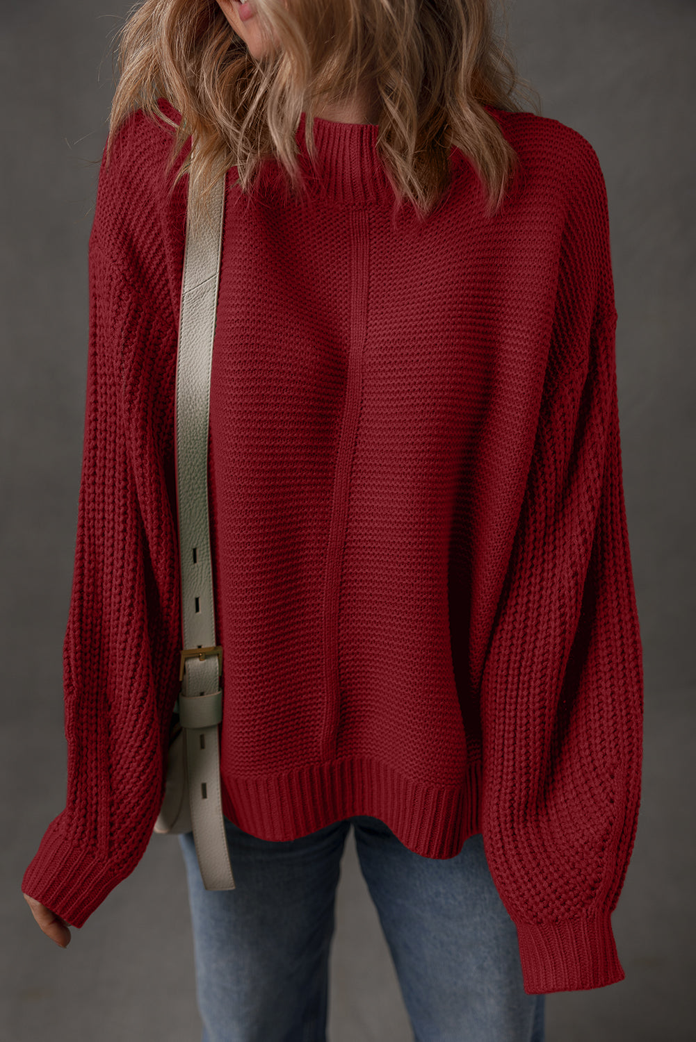Dirty blue Solid Color Front Seam Drop Shoulder Loose Sweater