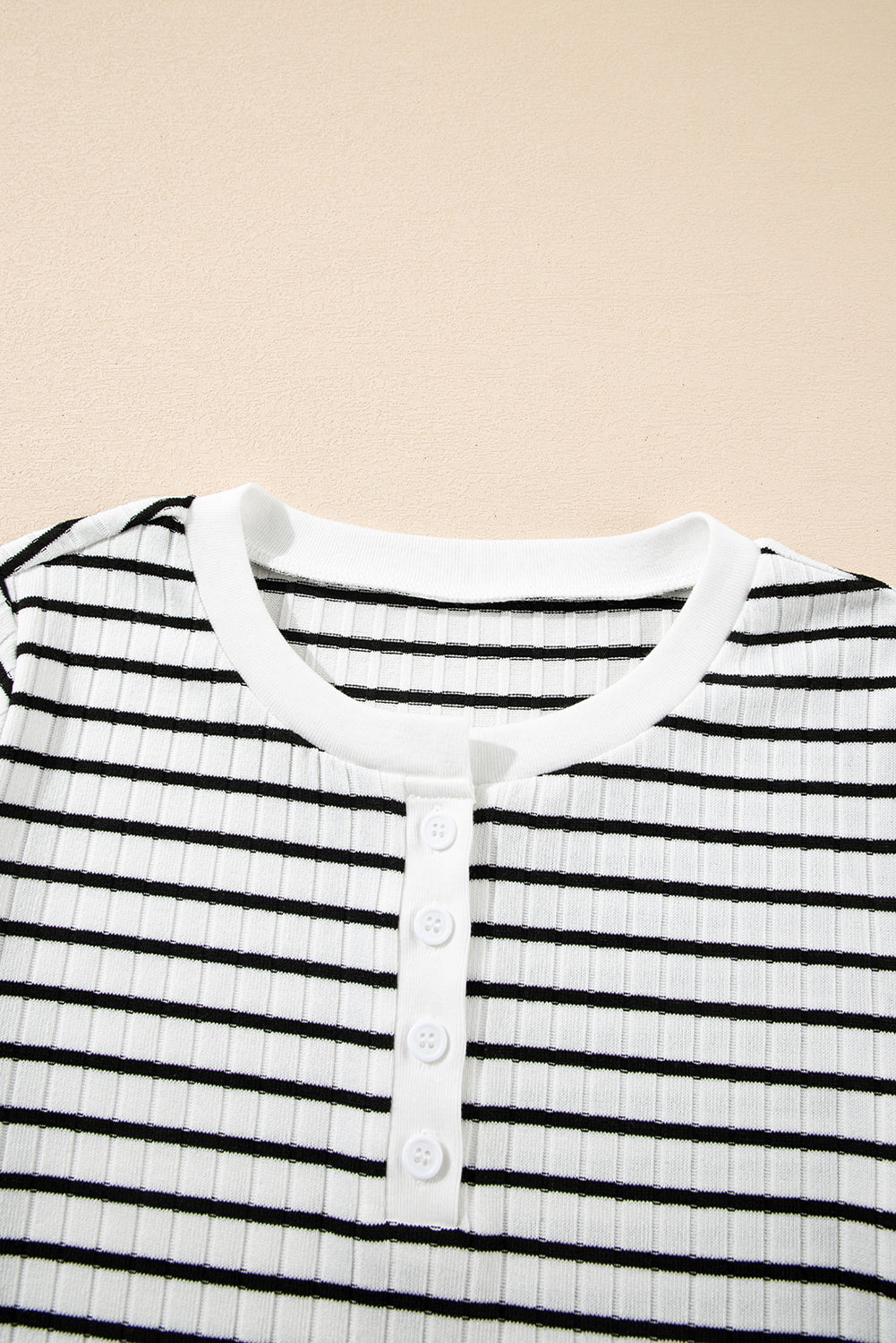 White Stripe Textured Short Sleeve Buttoned Henley Top