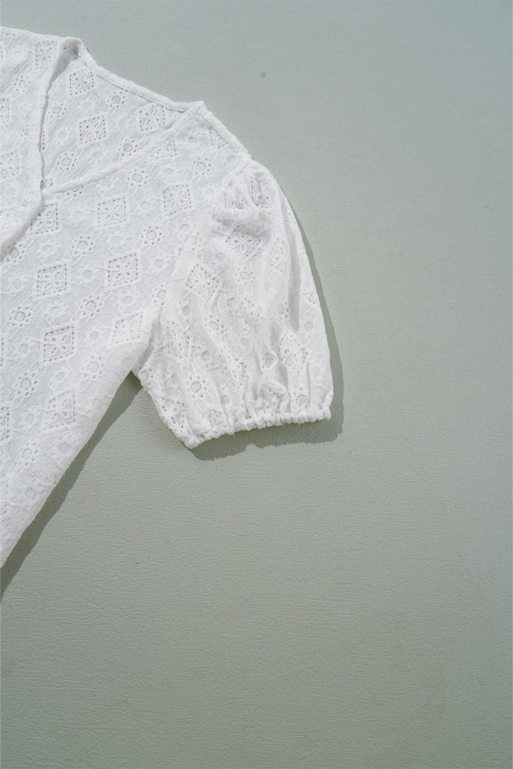 White Lace Puff Sleeve V Neck Button Up Shirt