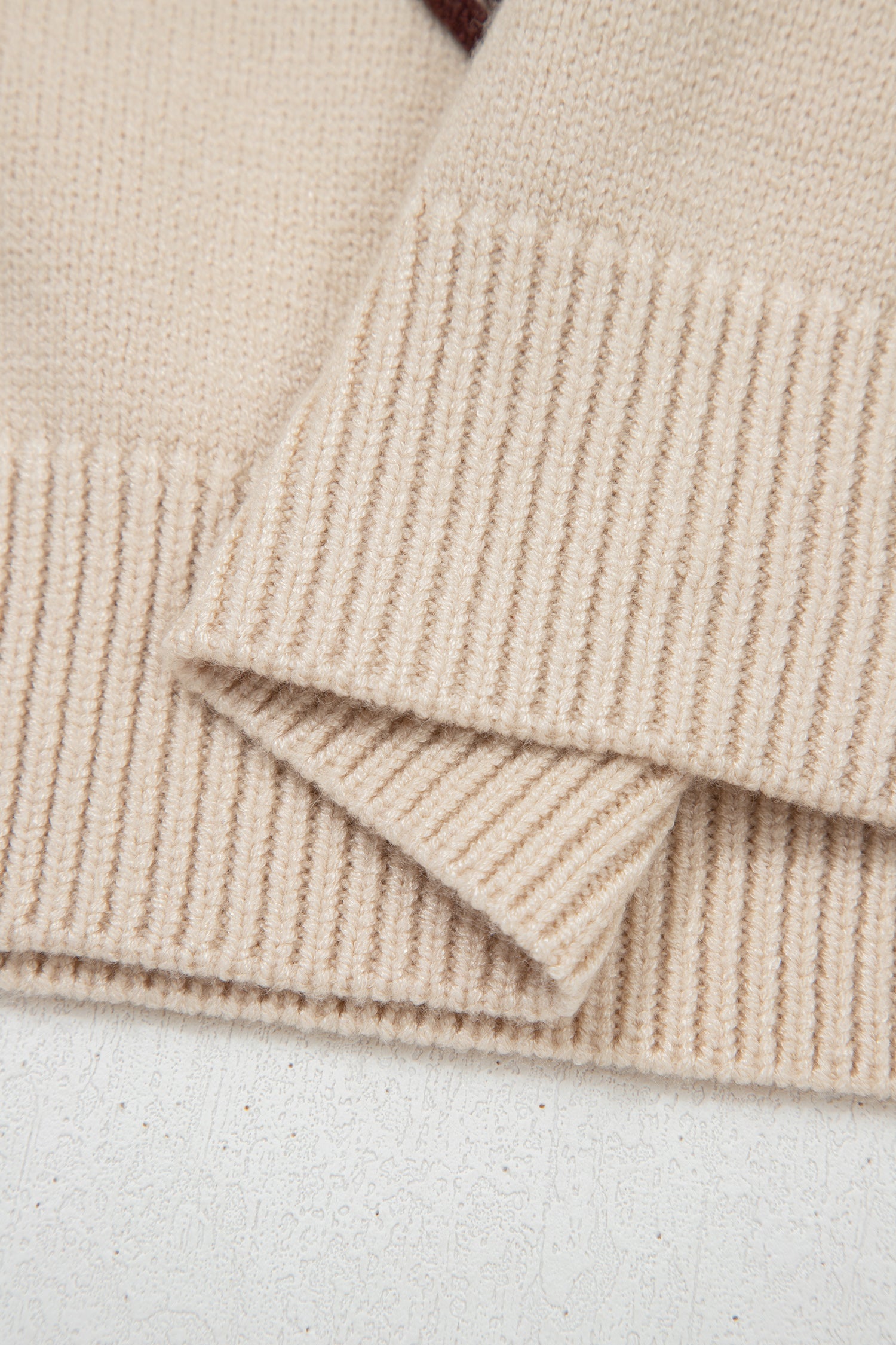 Parchment Corded Horseshoes Ribbed Trim Mock Neck Short Sleeve Sweater