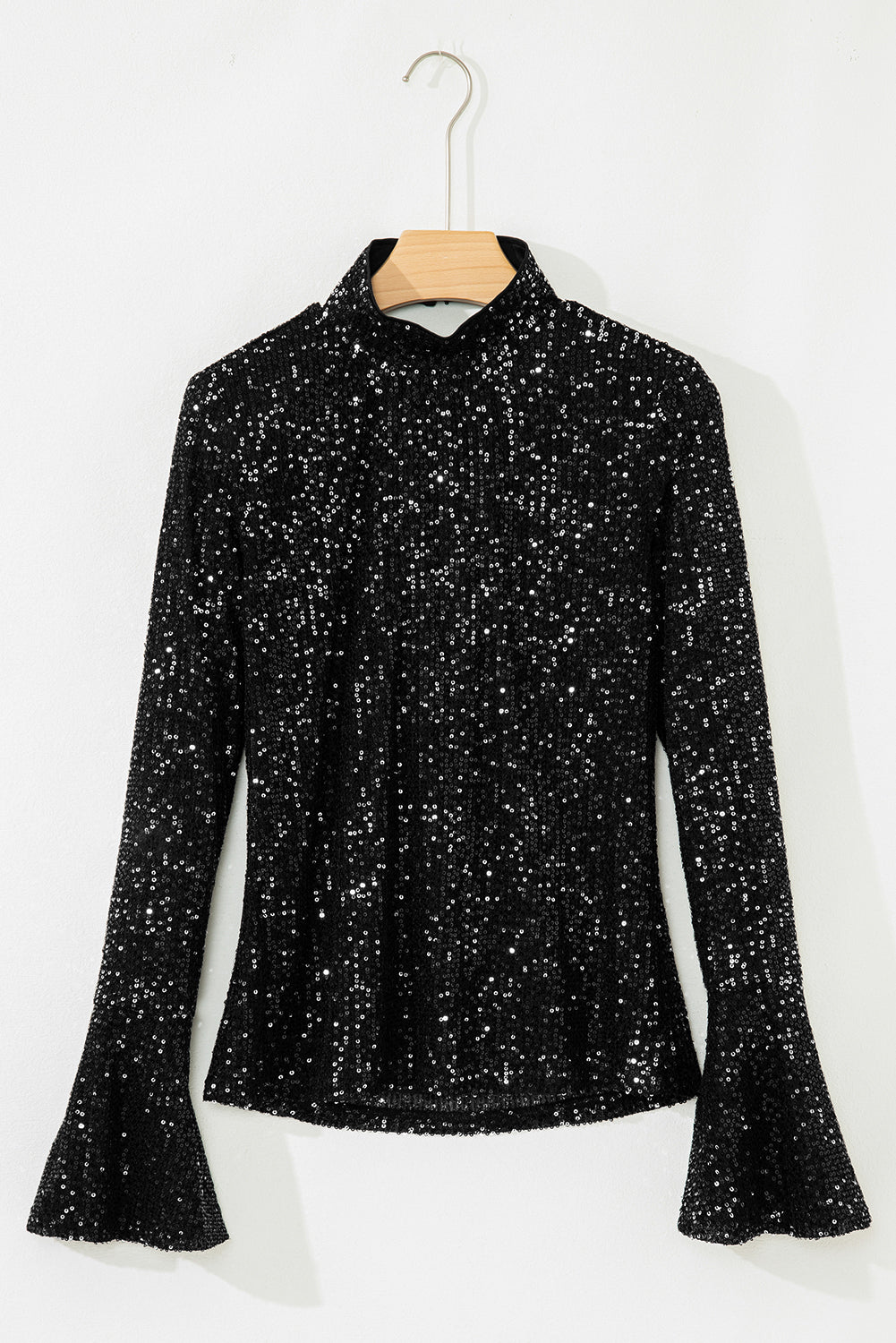 Jet Stream Sequin Mock Neck Drape Open Back Bell Sleeve Top