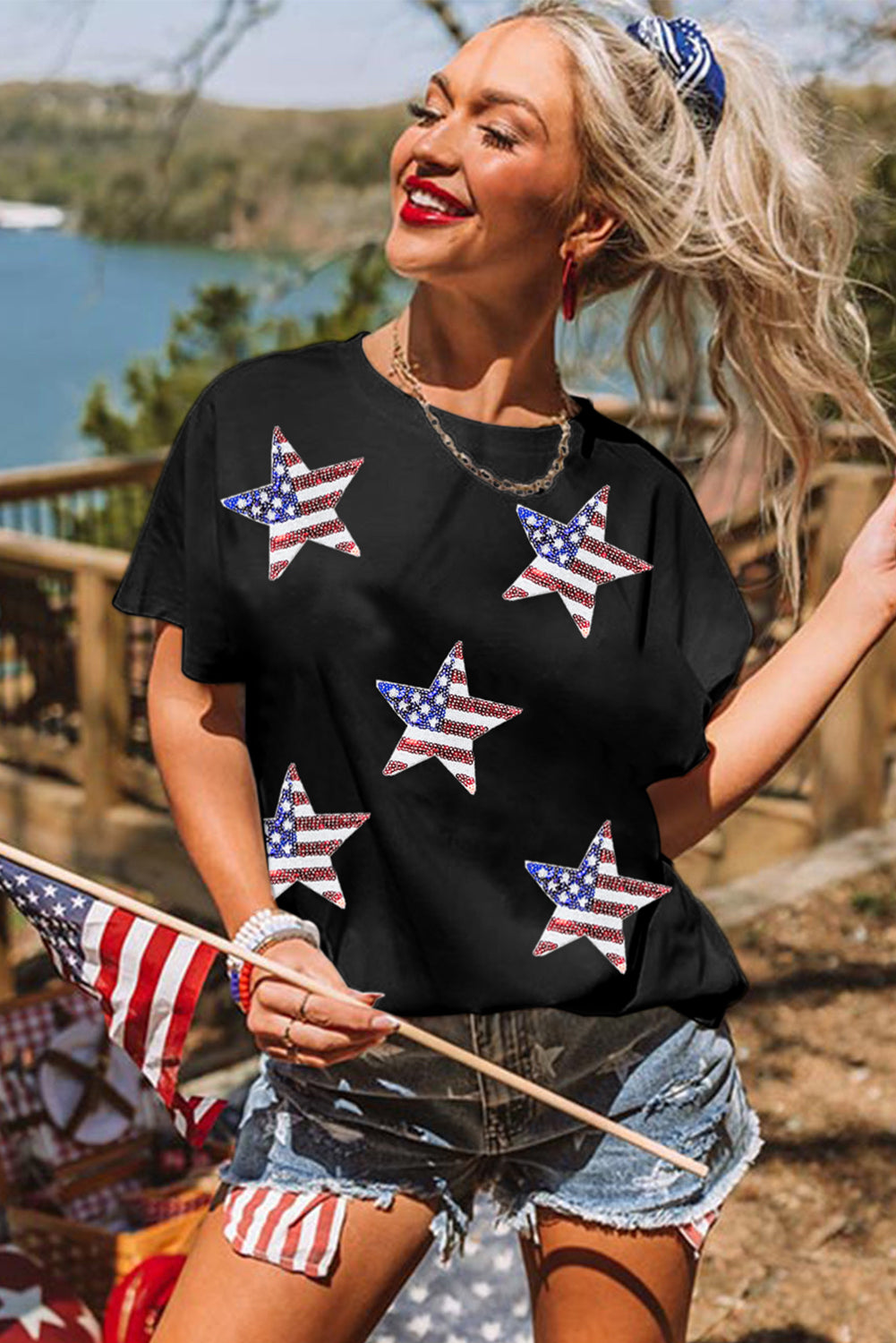 White Sequin American Flag Can Oversized Graphic Tee