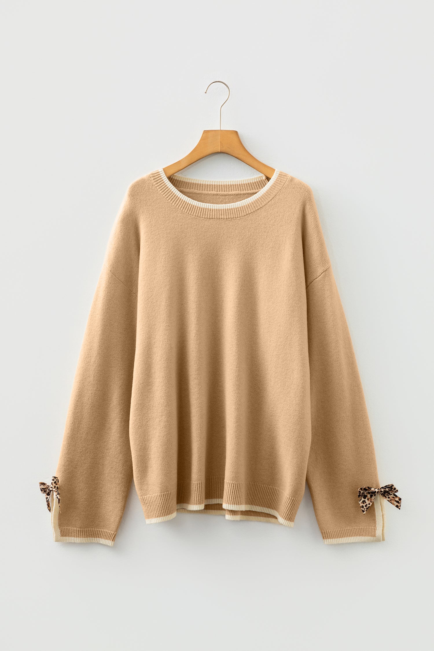 Tan Leopard Bow Decor Split Cuff Contrast Trim Sweater