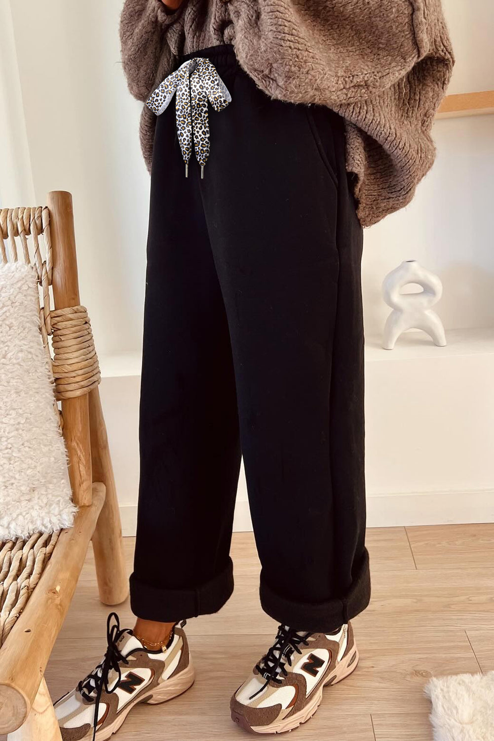 Gray Morn Corduroy Leopard Drawstring High Waist Trousers