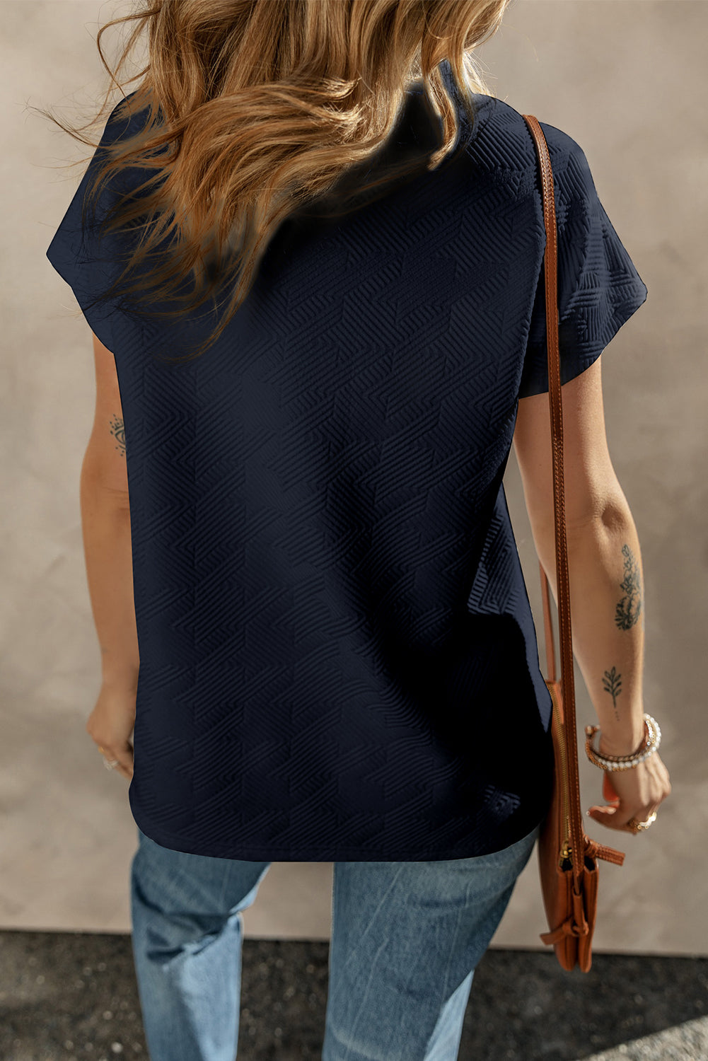 Rose Red Textured V Neck Collared Short Sleeve Top