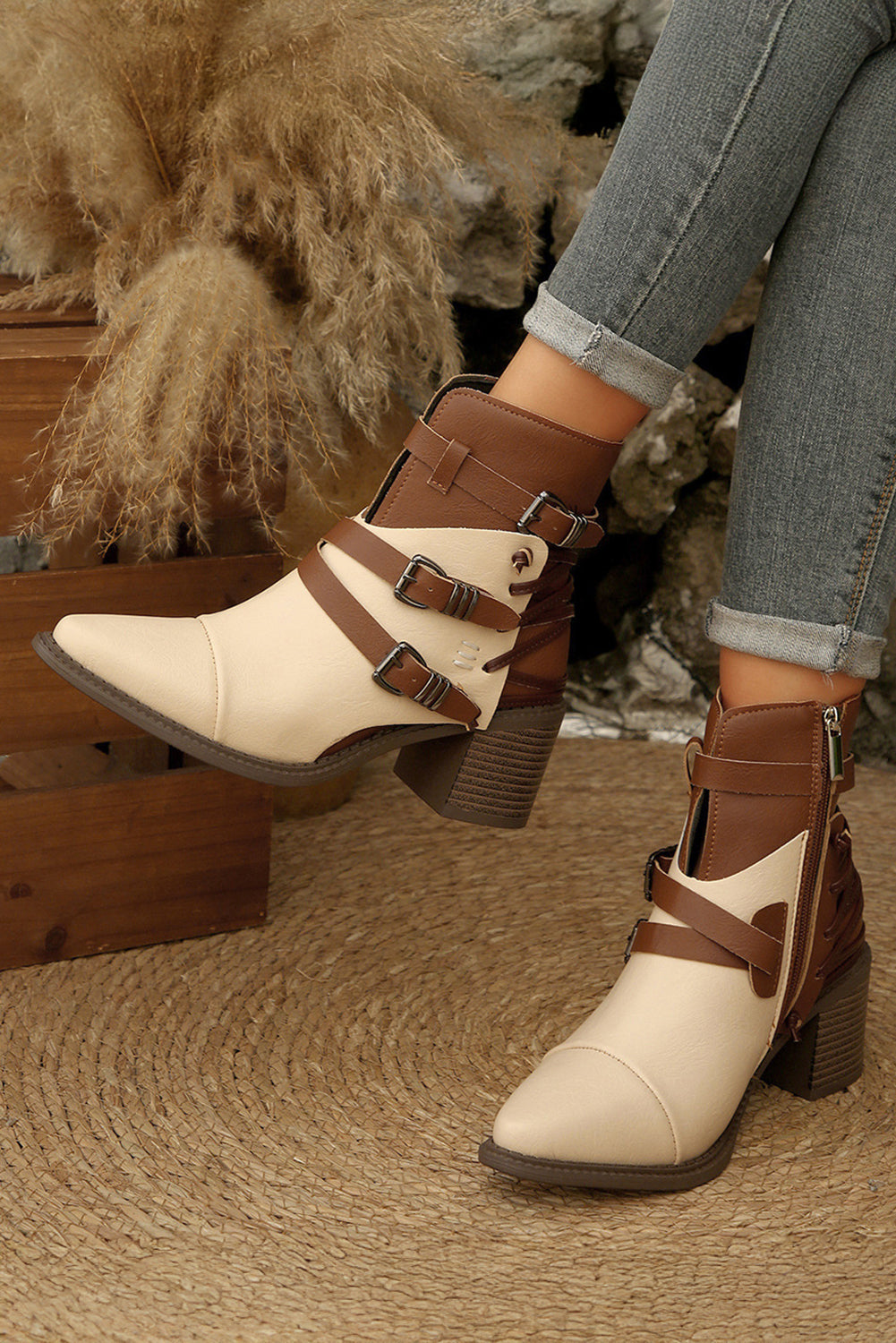 White Faux Leather Color Block Patchwork Lace Up Buckle Detail Boots