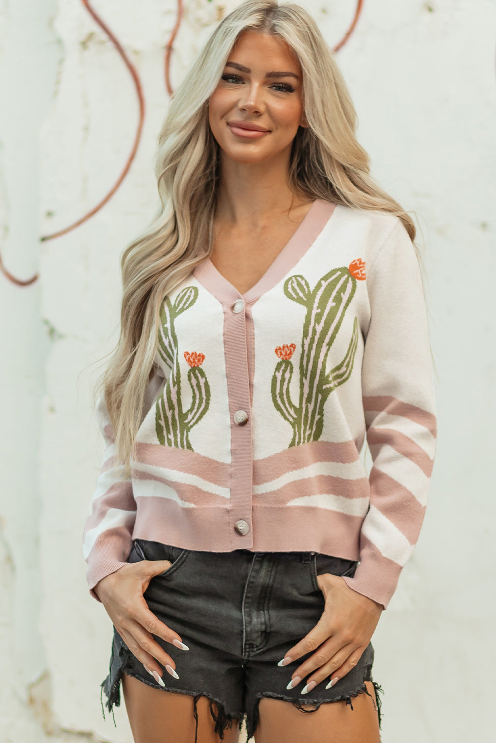 Apricot Western Desert Cactus Print Plus Size Button Cardigan Sweater