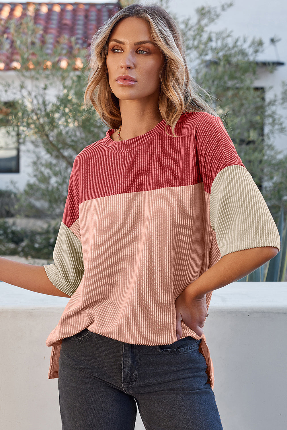 Pink Color Block Ribbed Side Slits Half Sleeve Top