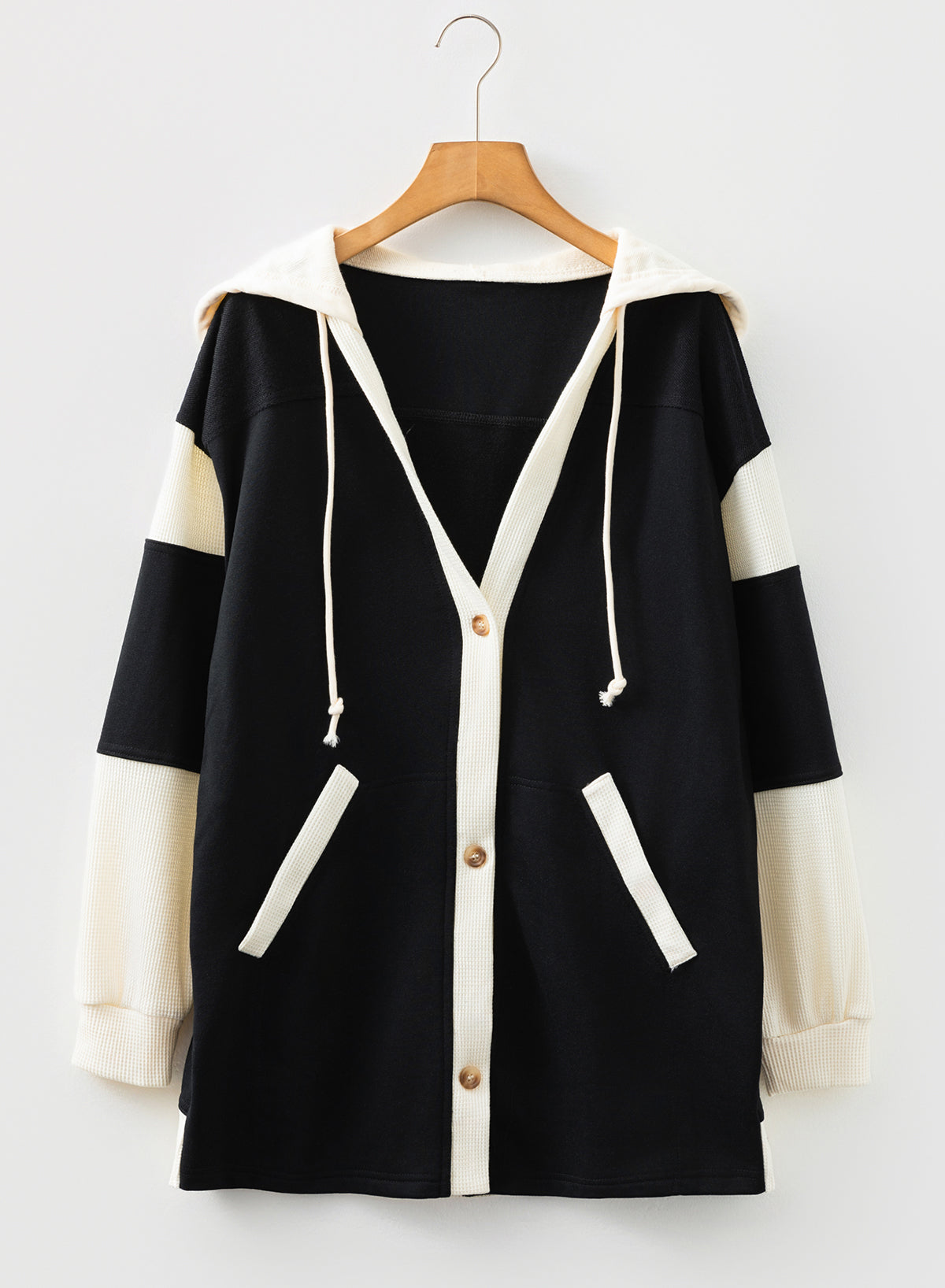 Black Waffle Contrast Knit Color Block Patchwork Button Front Oversize Hoodie