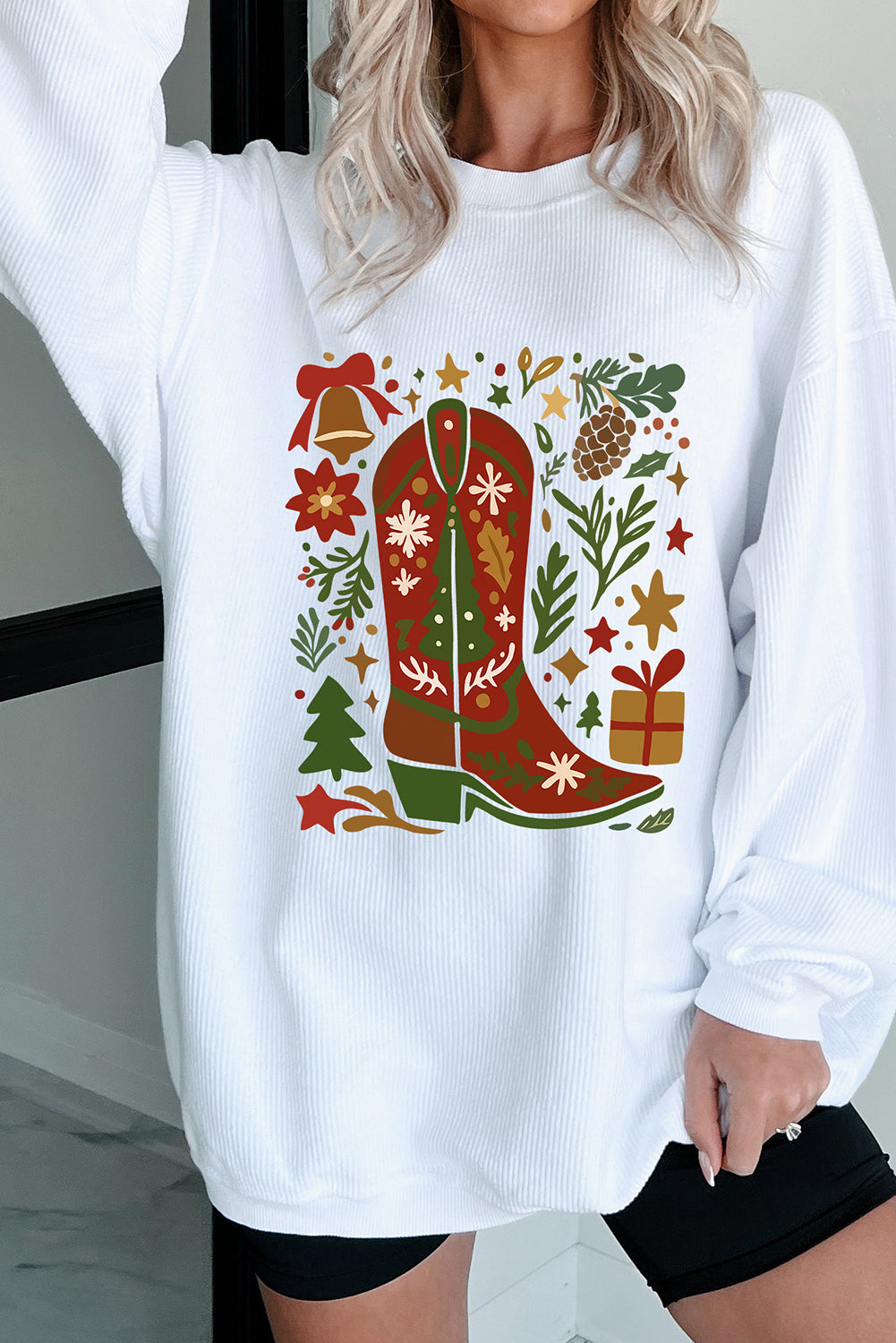 White Christmas Leafy Boot Printed Corded Rib Drop Shoulder Sweatshirt