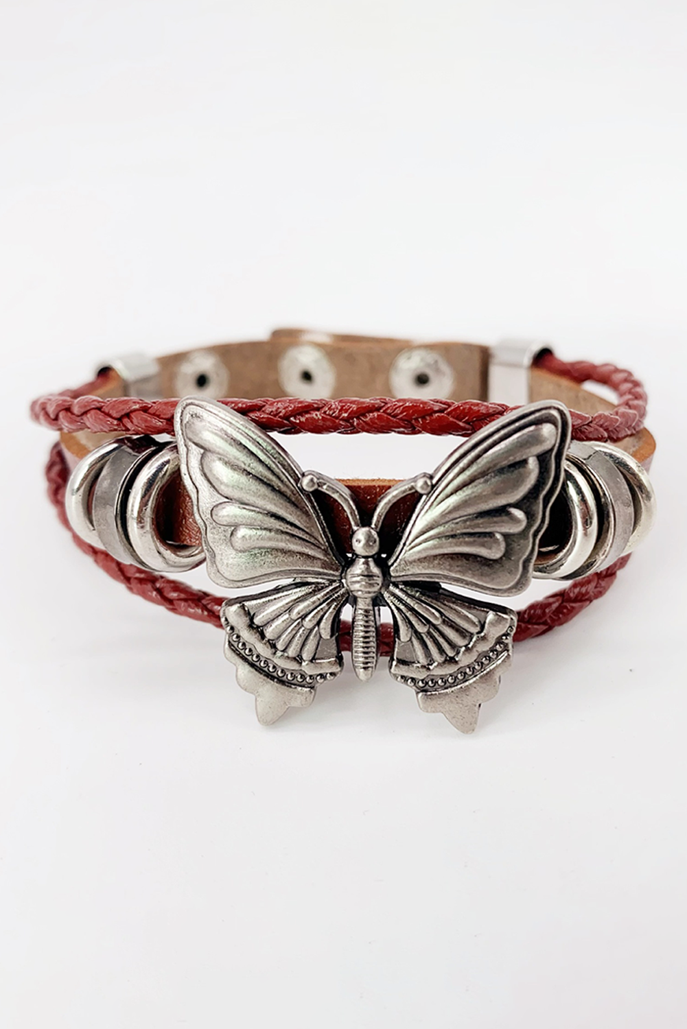 Mineral Red Retro Butterfly Decor Exotic Faux Leather Braided Snap Button Bracelet