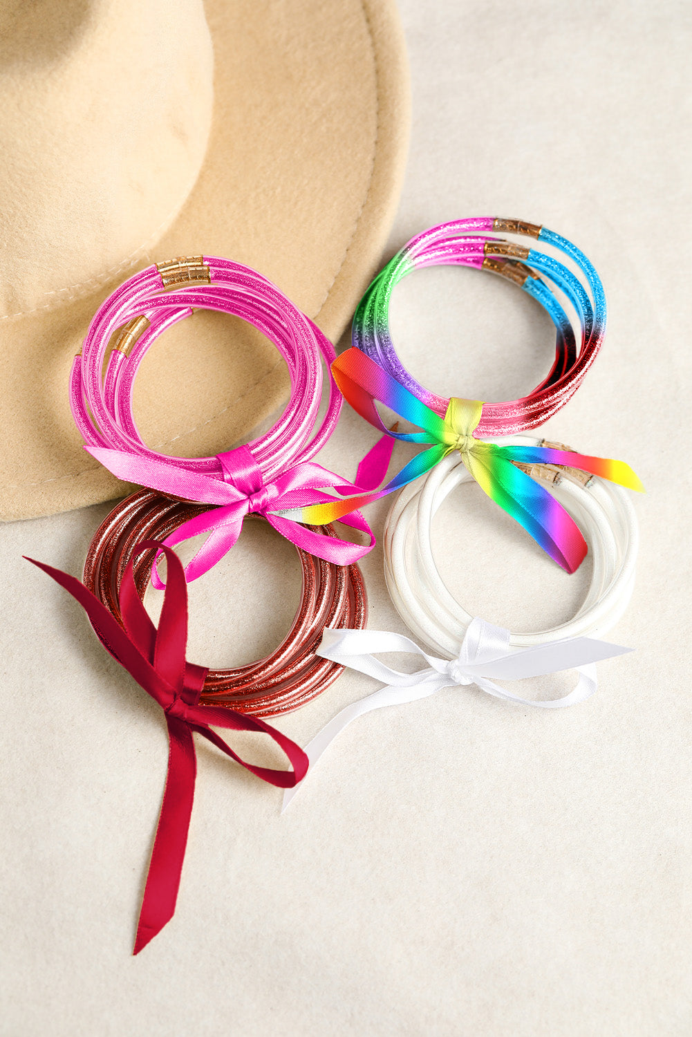 Green 5pcs Glitter Jelly Bow Knot Ribbon Bracelet Set