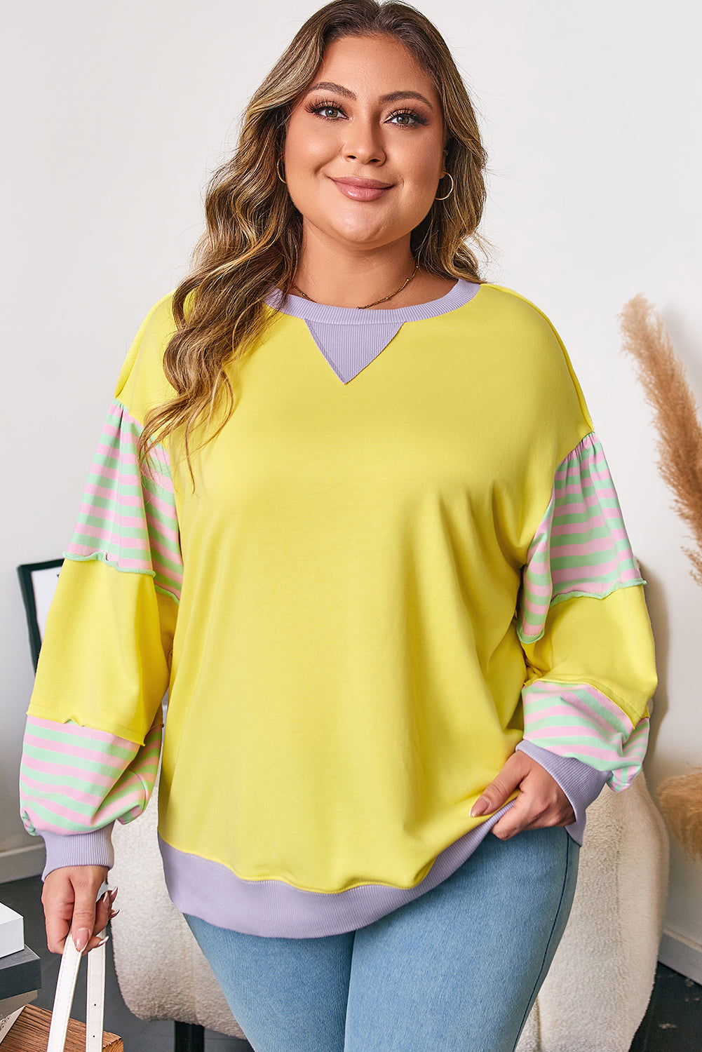 Jet Stream Striped Colorblock Patchwork Drop Shoulder Sweatshirt
