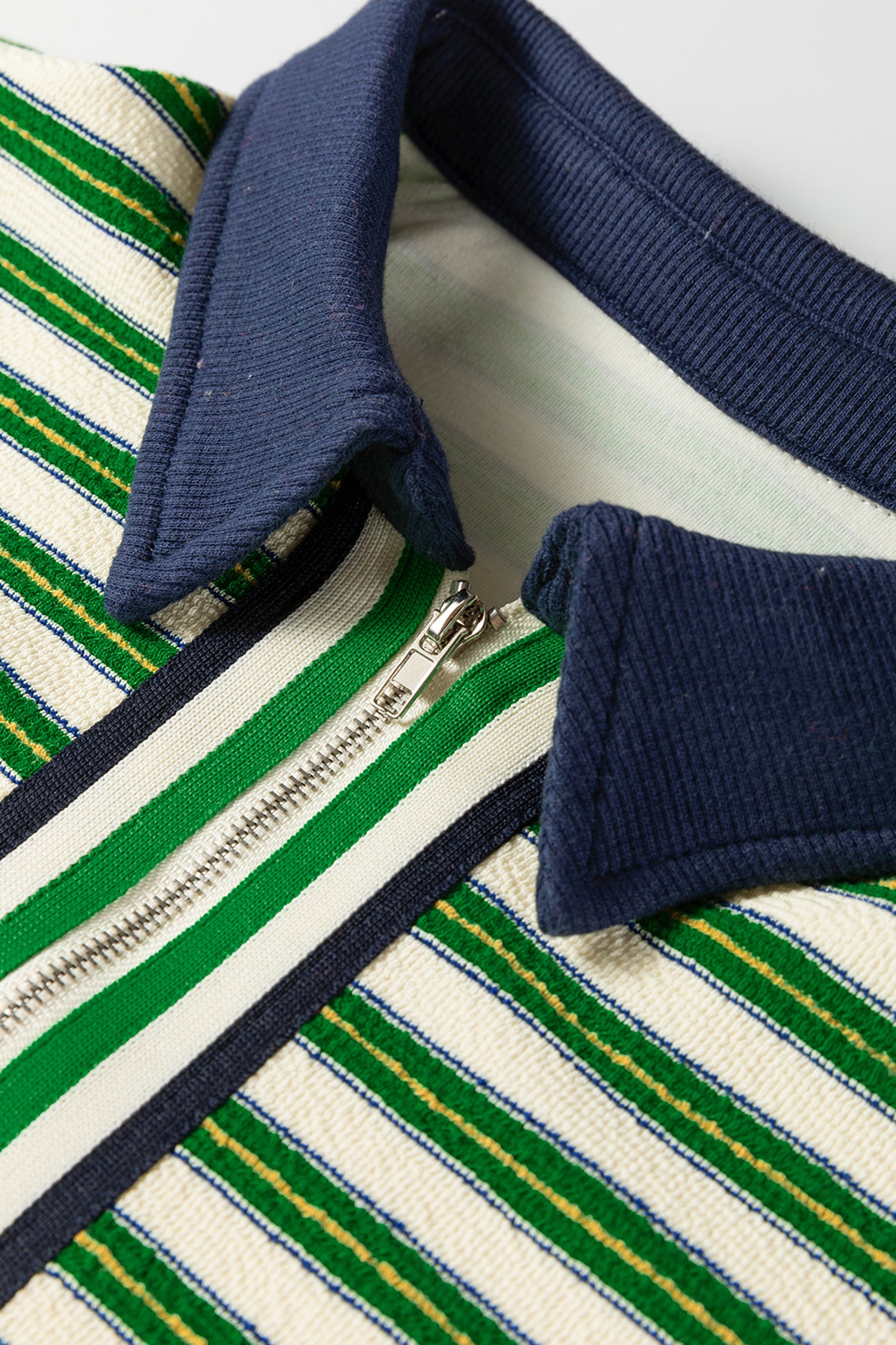 Navy Blue Striped Print Contrast Collar Zip V Neck Long Sleeve Top