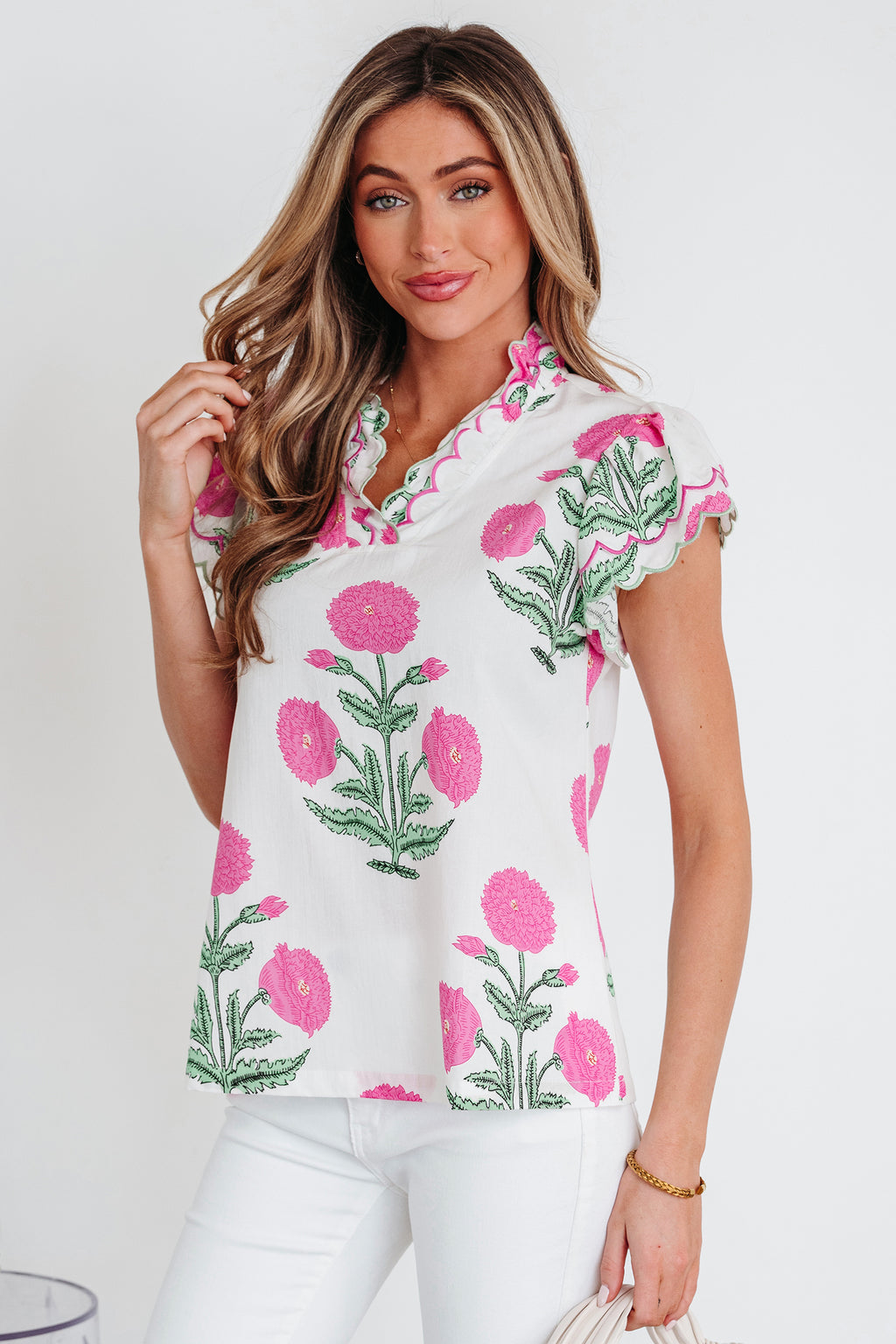 Blue Wild Flower Print Contrast Trim Scallop Detail Short Sleeve Blouse